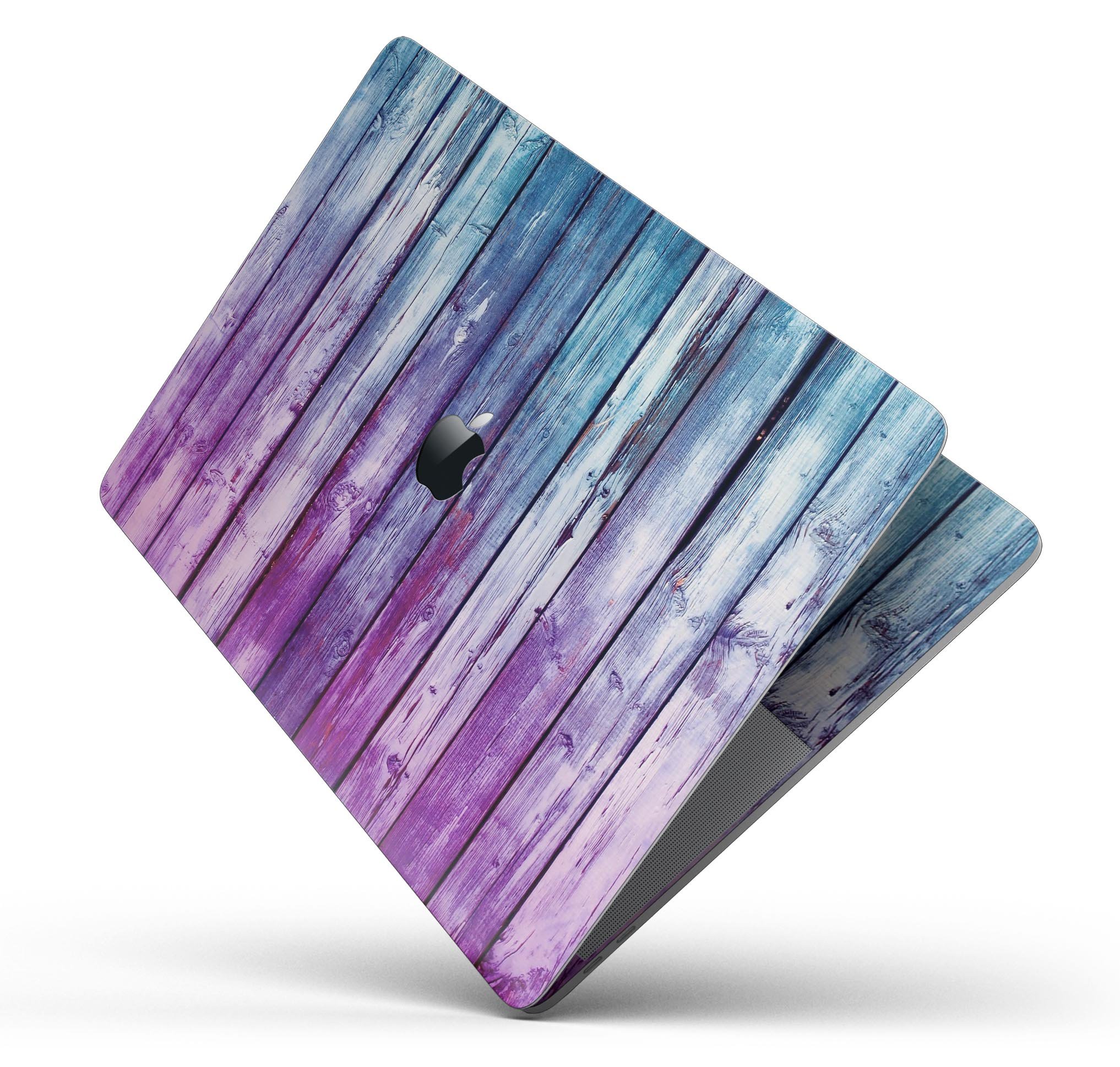 Pink and blue dyed wood skin decal wrap kit for Apple MacBook, showcasing vibrant colors and premium vinyl material.