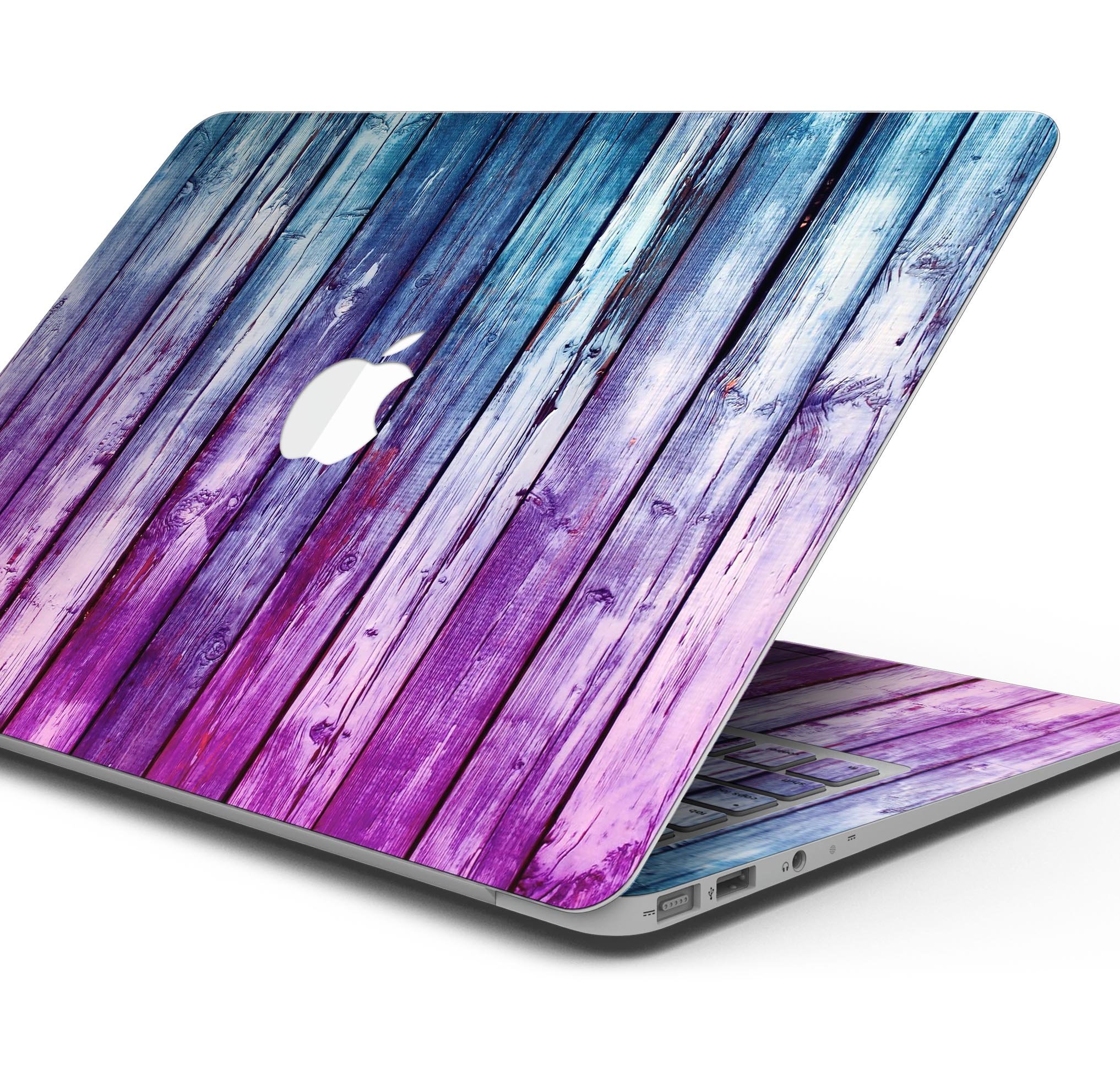 Pink and blue dyed wood skin decal wrap kit for Apple MacBook, showcasing vibrant colors and premium vinyl material.