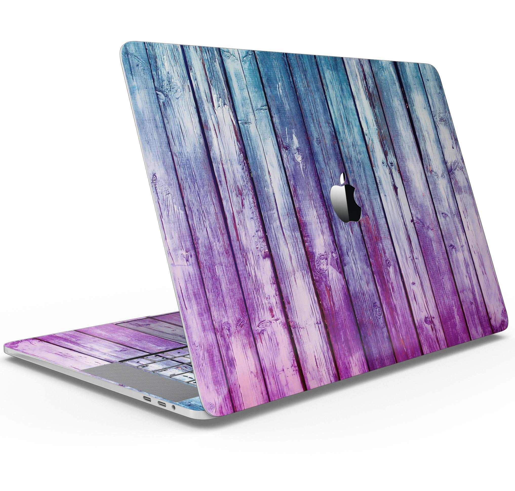 Pink and blue dyed wood skin decal wrap kit for Apple MacBook, showcasing vibrant colors and premium vinyl material.