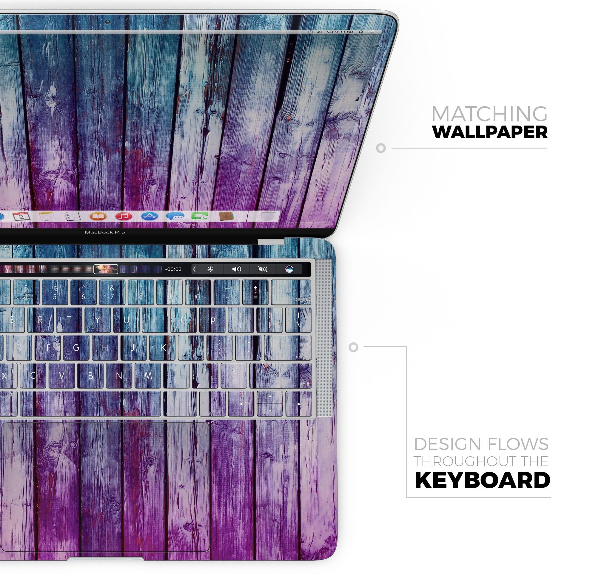 Pink and blue dyed wood skin decal wrap kit for Apple MacBook, showcasing vibrant colors and premium vinyl material.