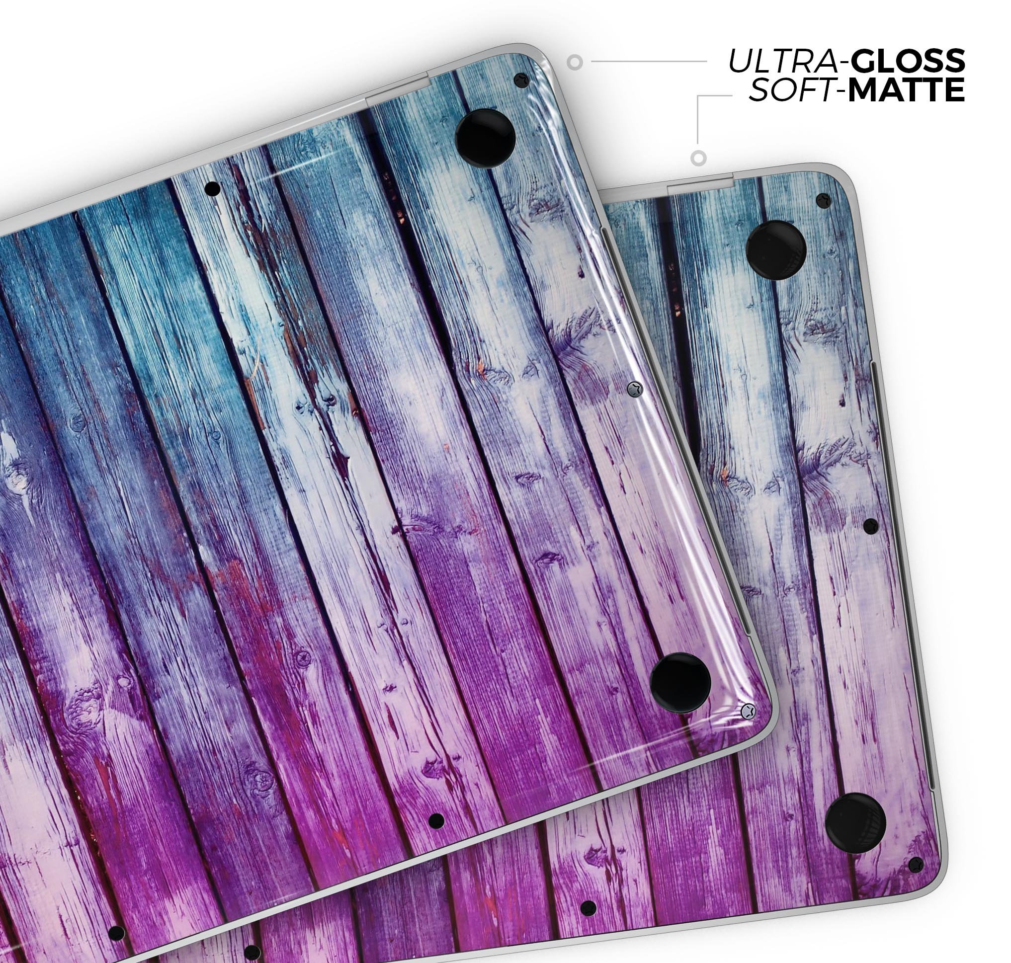 Pink and blue dyed wood skin decal wrap kit for Apple MacBook, showcasing vibrant colors and premium vinyl material.