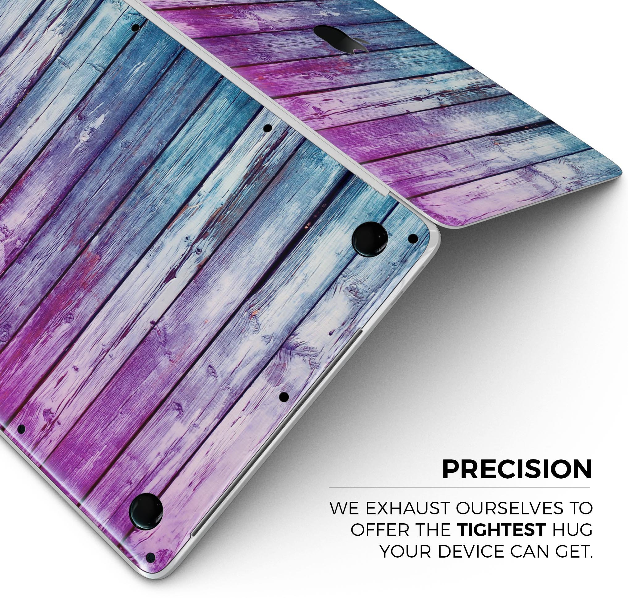 Pink and blue dyed wood skin decal wrap kit for Apple MacBook, showcasing vibrant colors and premium vinyl material.