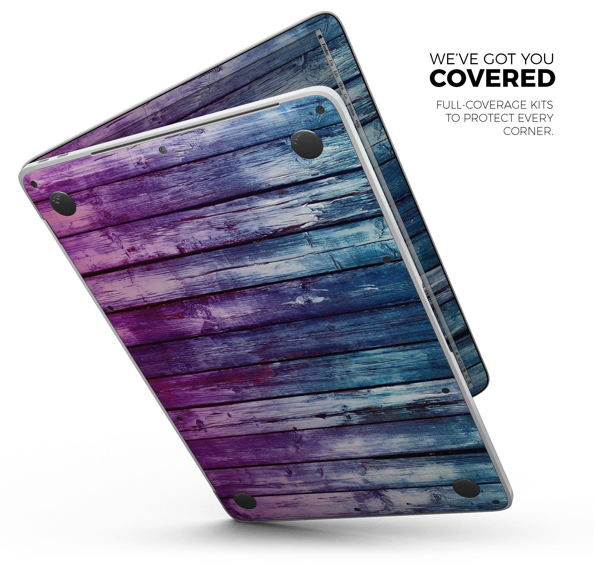 Pink and blue dyed wood skin decal wrap kit for Apple MacBook, showcasing vibrant colors and premium vinyl material.