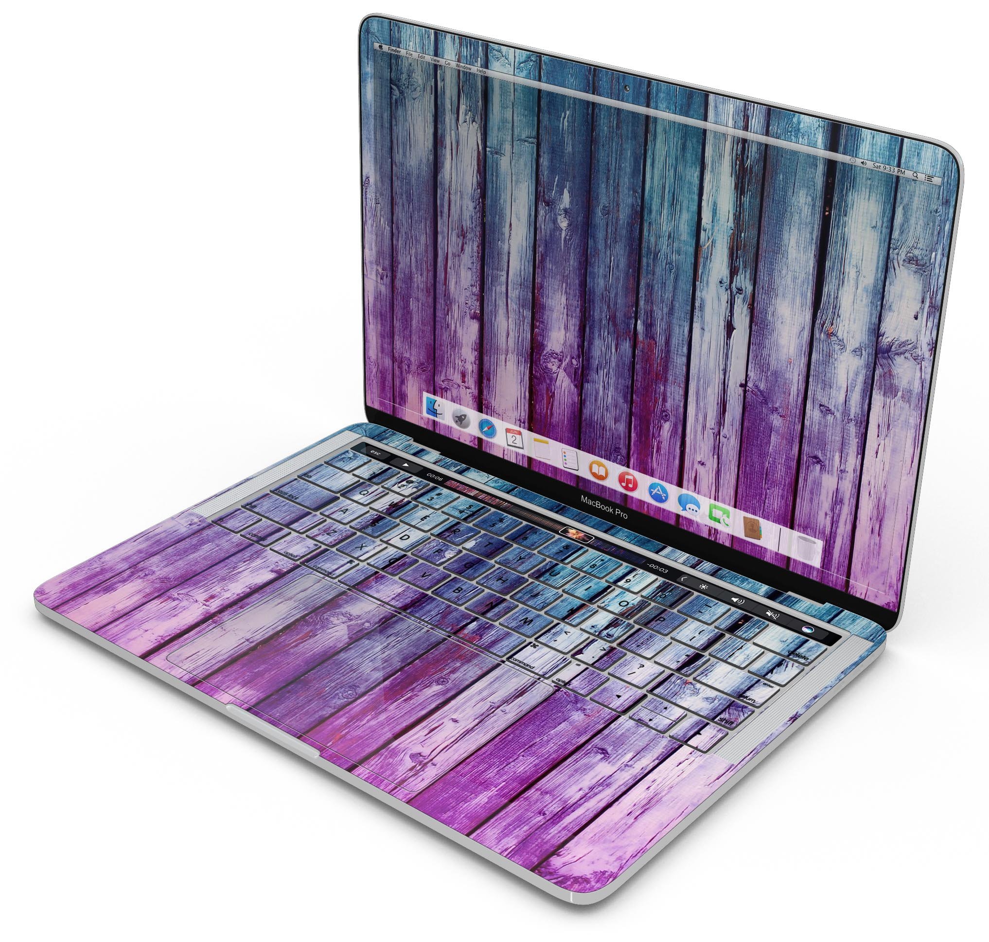 Pink and blue dyed wood skin decal wrap kit for Apple MacBook, showcasing vibrant colors and premium vinyl material.