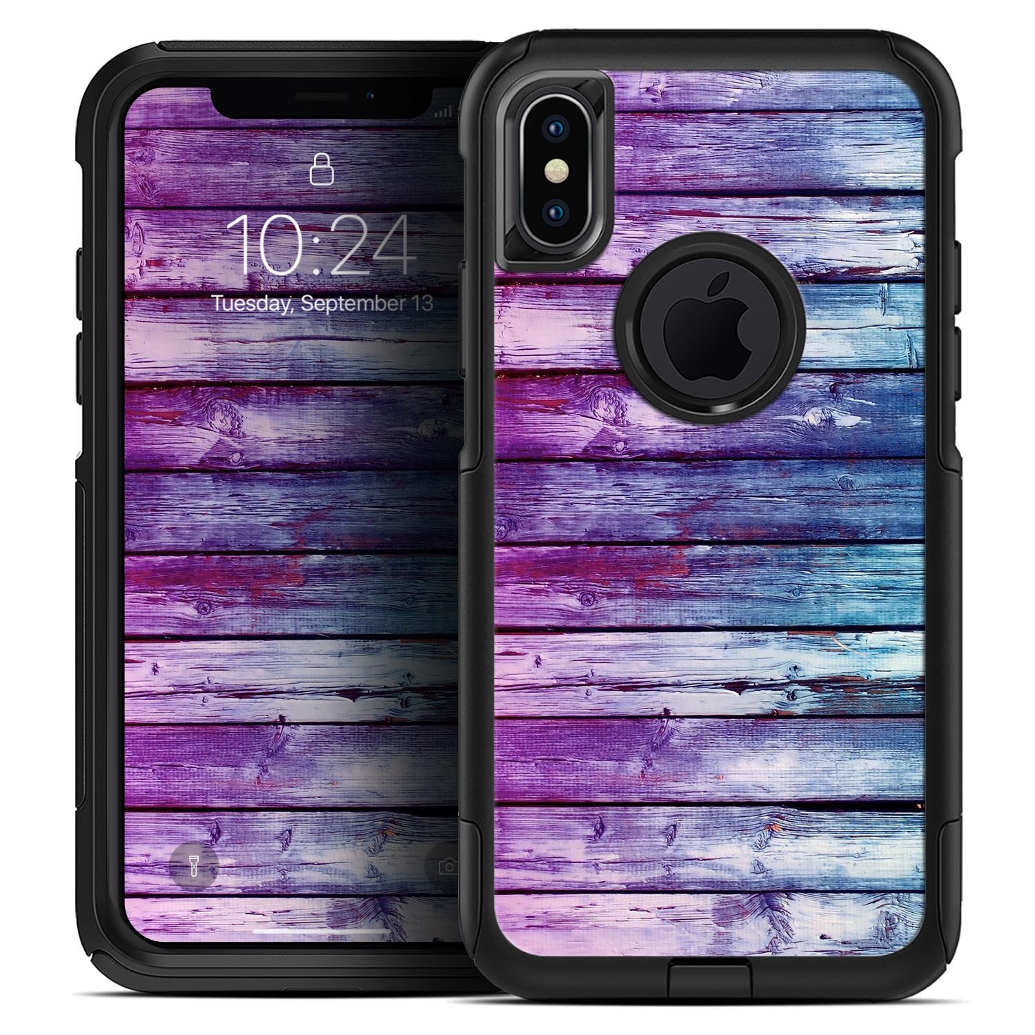 Pink and blue dyed wood skin kit for iPhone OtterBox cases, showcasing vibrant colors and a sleek design.