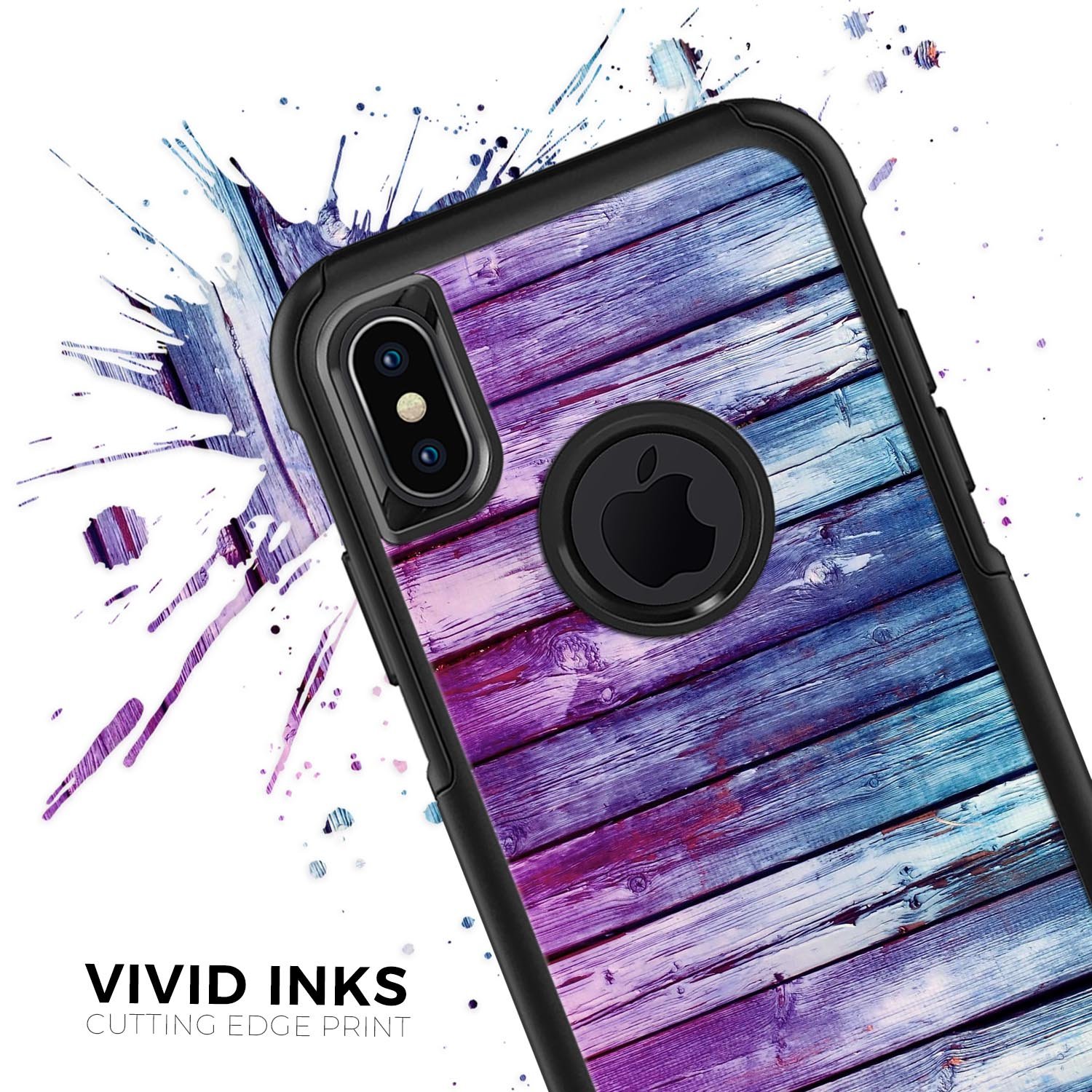 Pink and blue dyed wood skin kit for iPhone OtterBox cases, showcasing vibrant colors and a sleek design.