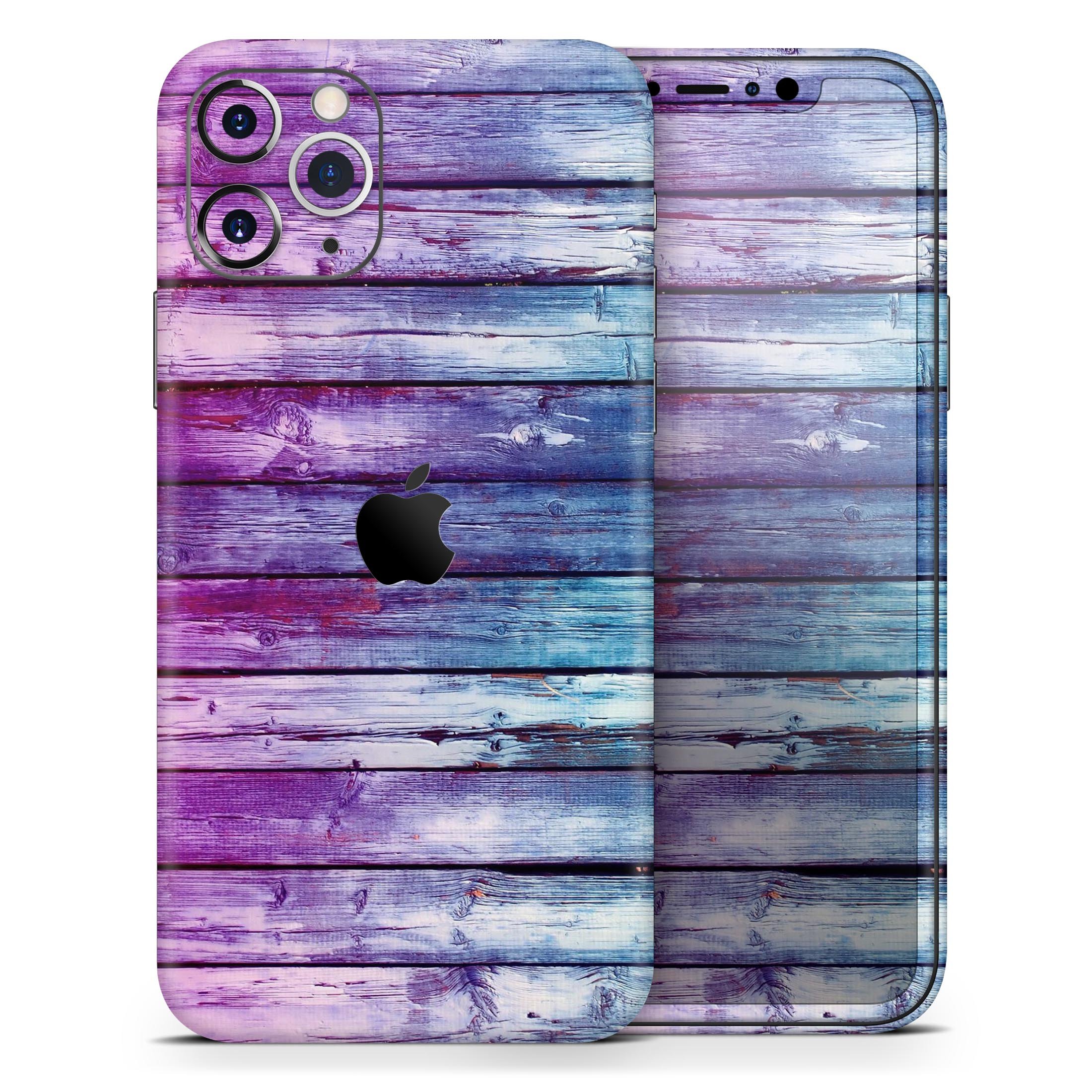 Pink and blue dyed wood skin for Apple iPhone 14, showcasing vibrant colors and a sleek design.