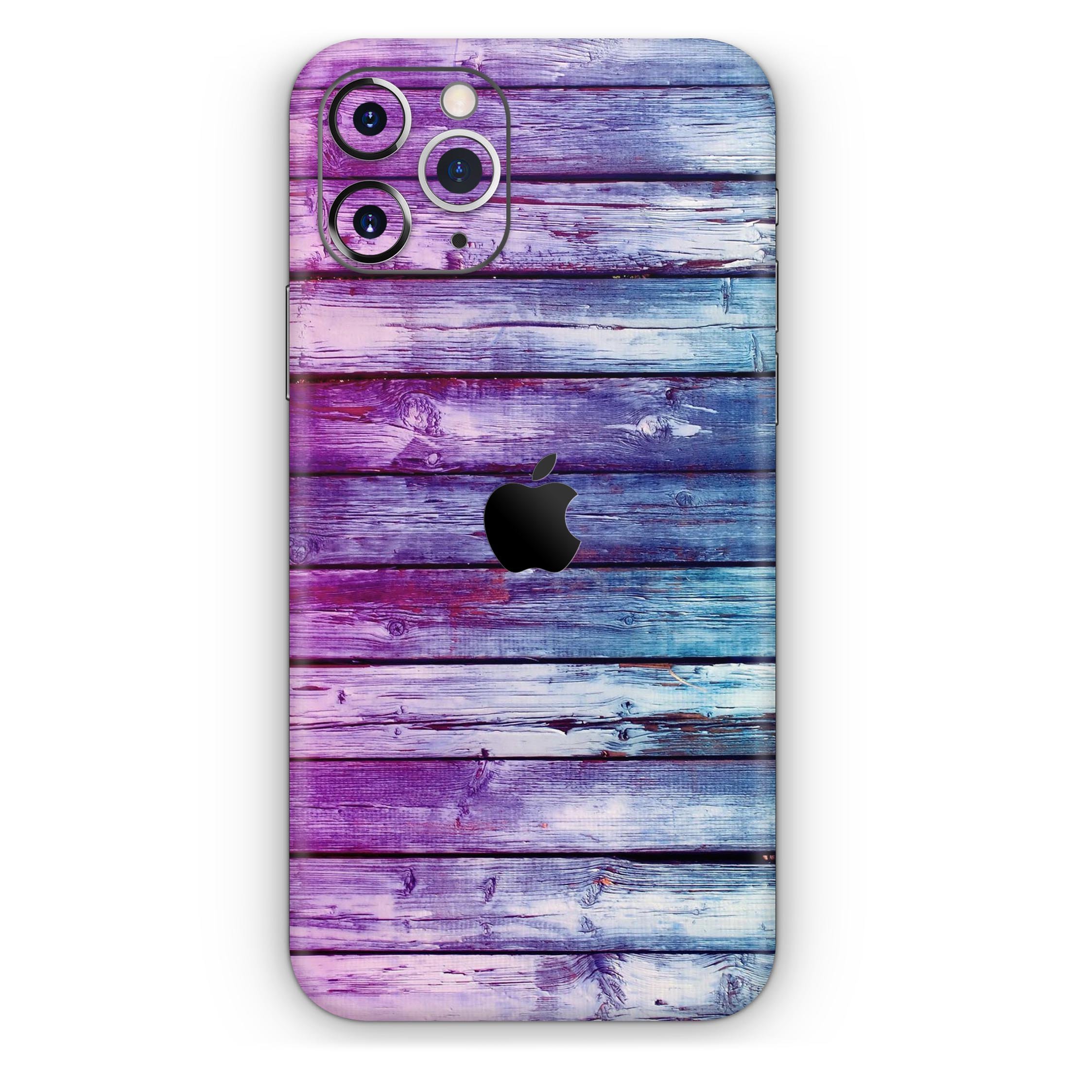 Pink and blue dyed wood skin for Apple iPhone 14, showcasing vibrant colors and a sleek design.