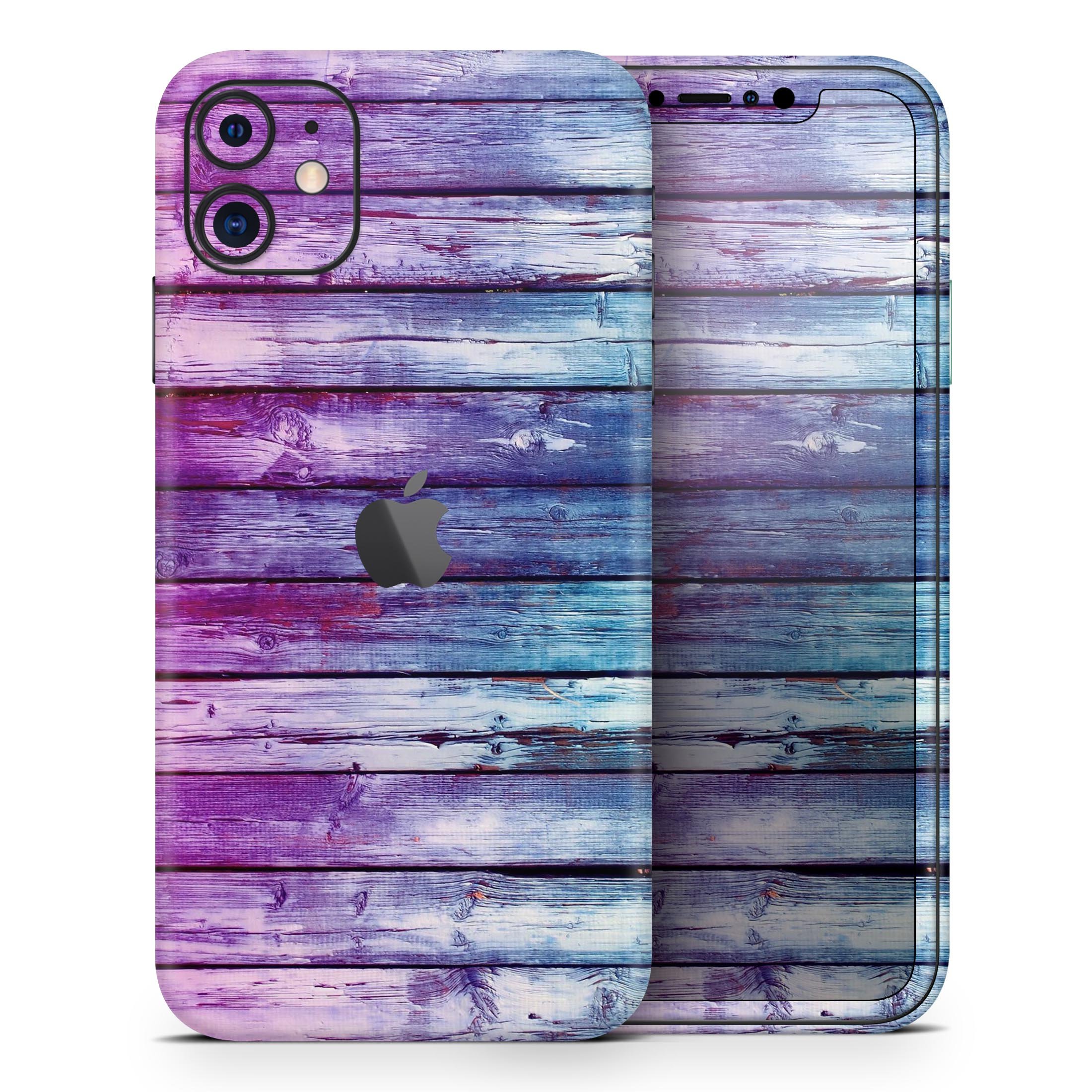 Pink and blue dyed wood skin for Apple iPhone 14, showcasing vibrant colors and a sleek design.