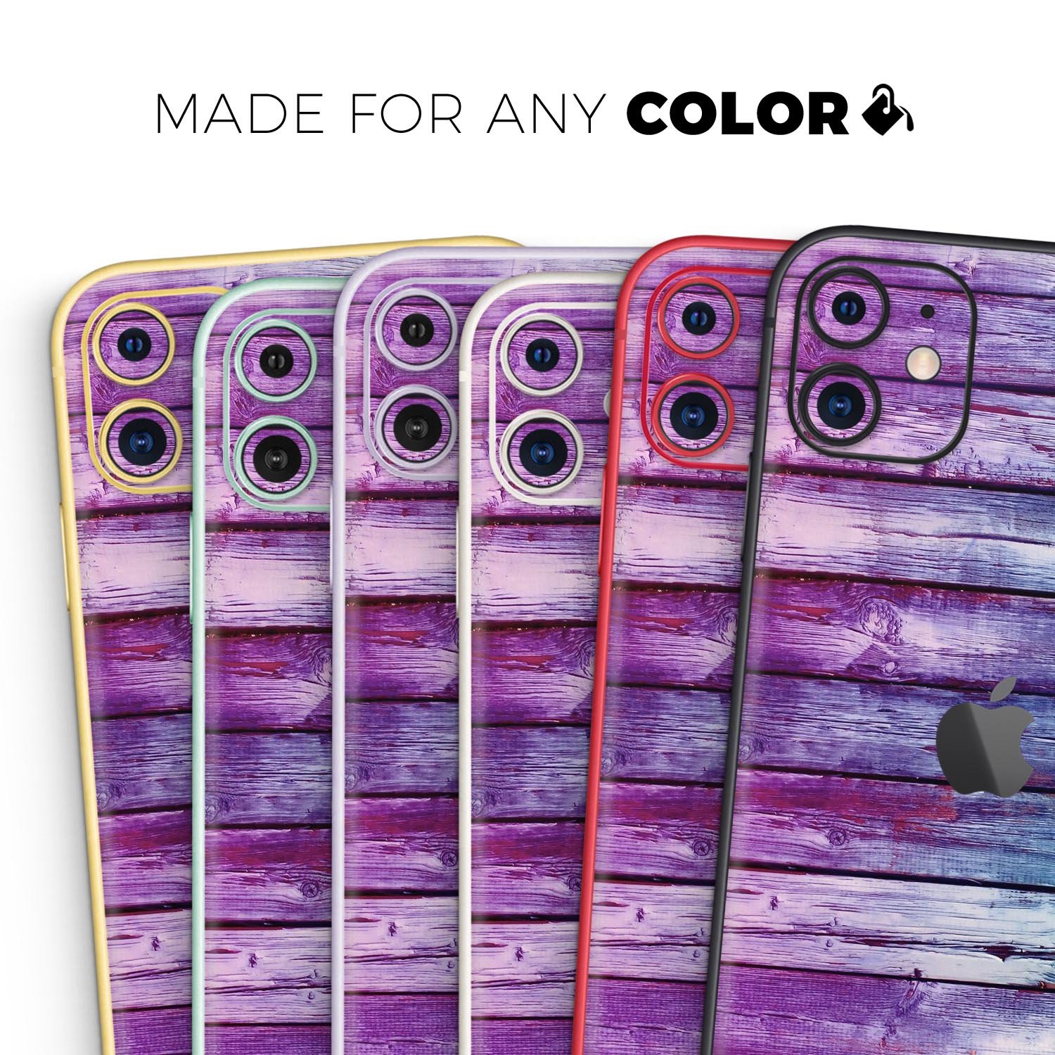 Pink and blue dyed wood skin for Apple iPhone 14, showcasing vibrant colors and a sleek design.