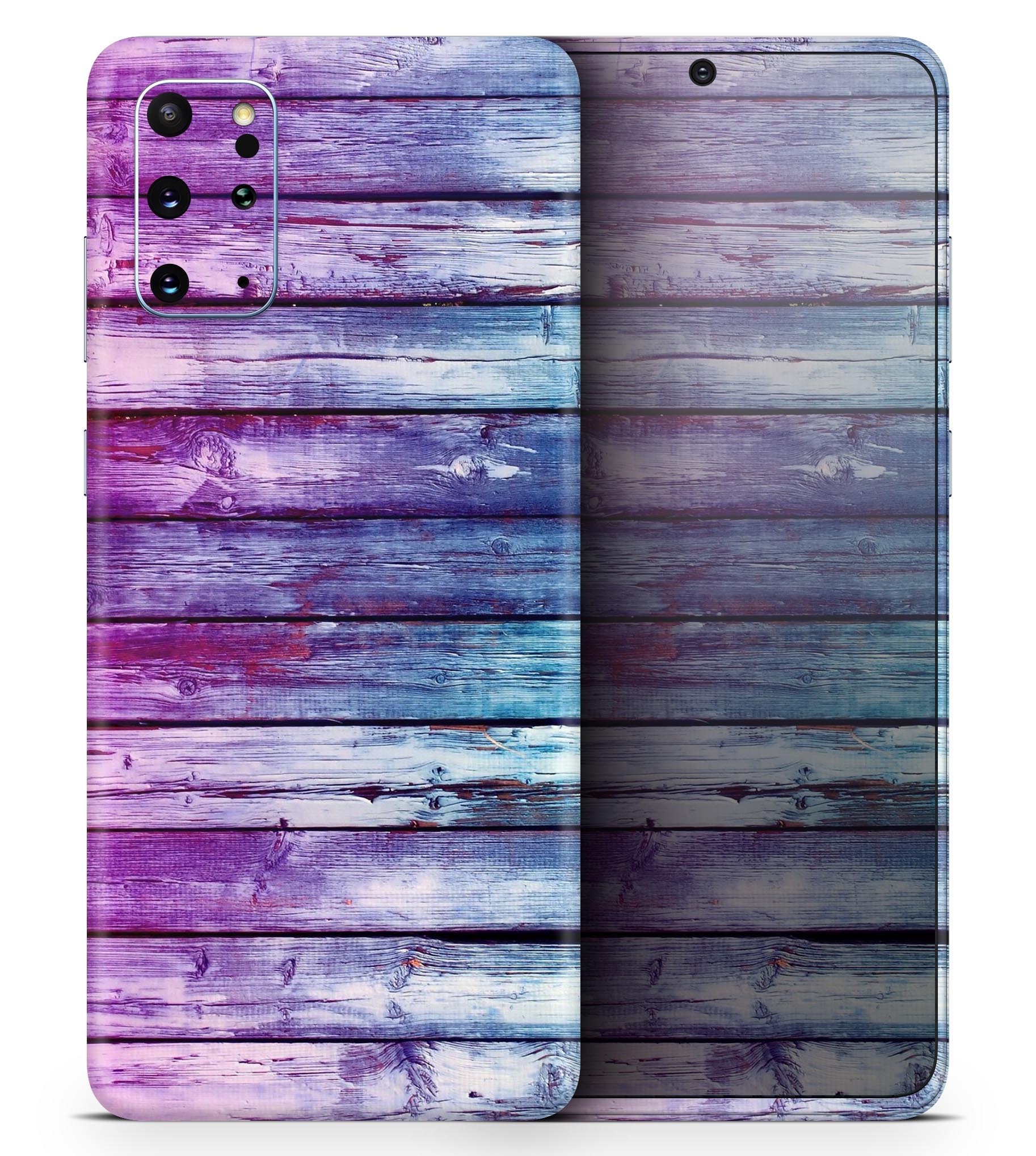 Pink and blue dyed wood skin for Samsung Galaxy S20, showcasing vibrant colors and a sleek design.