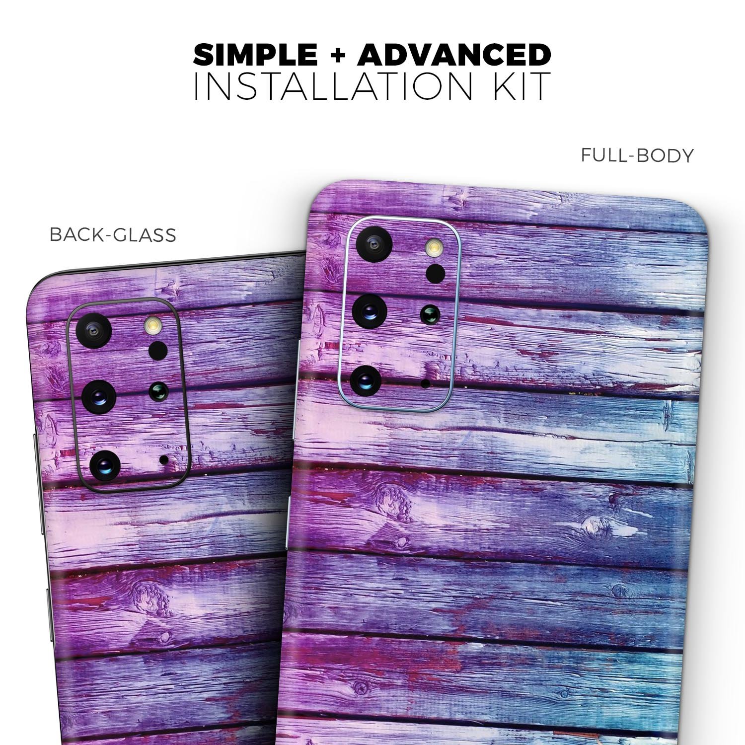 Pink and blue dyed wood skin for Samsung Galaxy S20, showcasing vibrant colors and a sleek design.