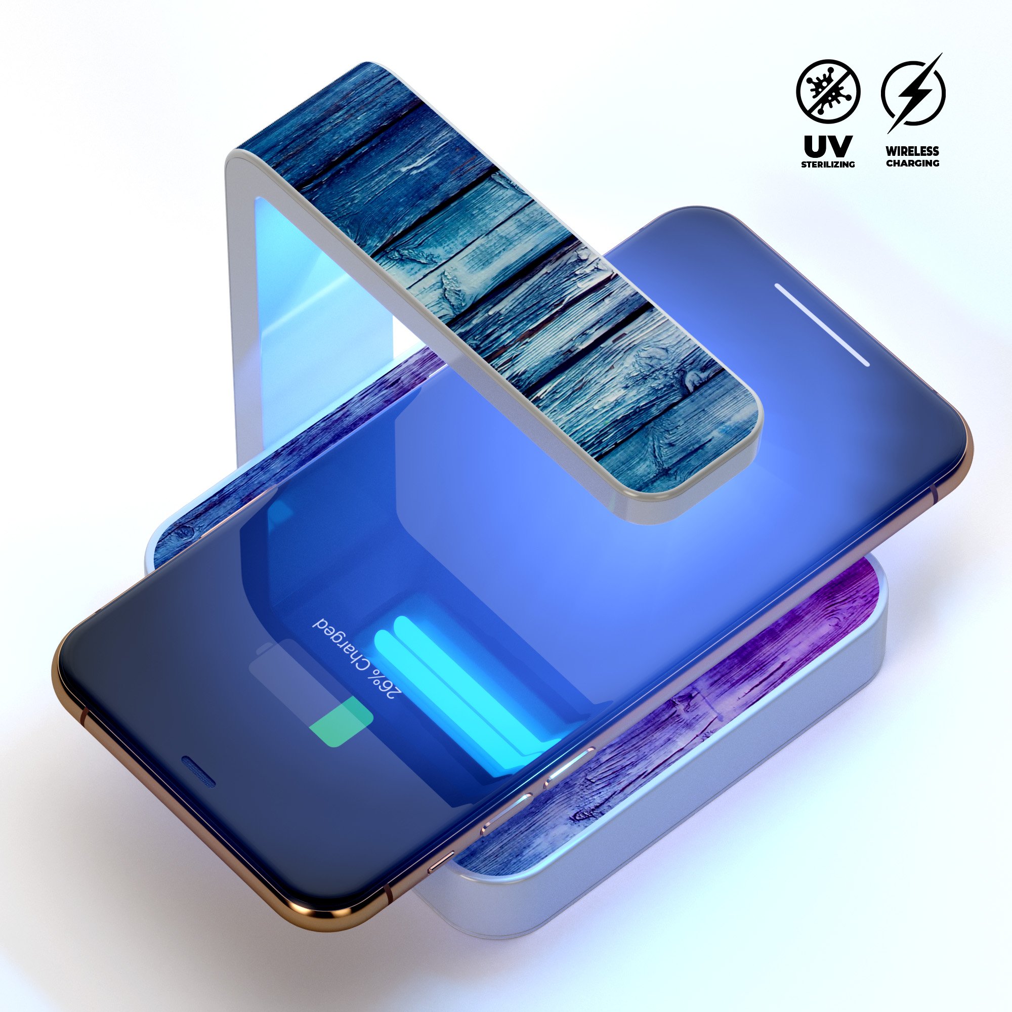 Pink and blue dyed wood wireless charger with UV sterilization feature, designed for sanitizing smartphones while charging.