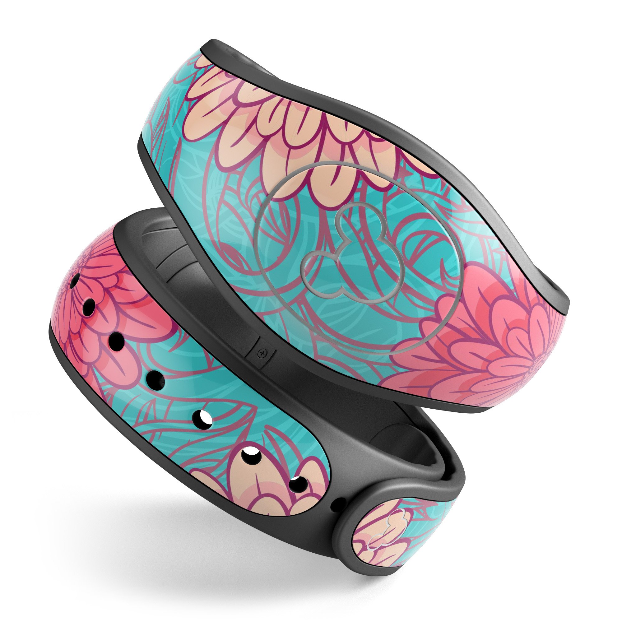 Pink and blue floral illustration decal skin wrap kit for Disney Magic Band, showcasing vibrant colors and intricate floral patterns.