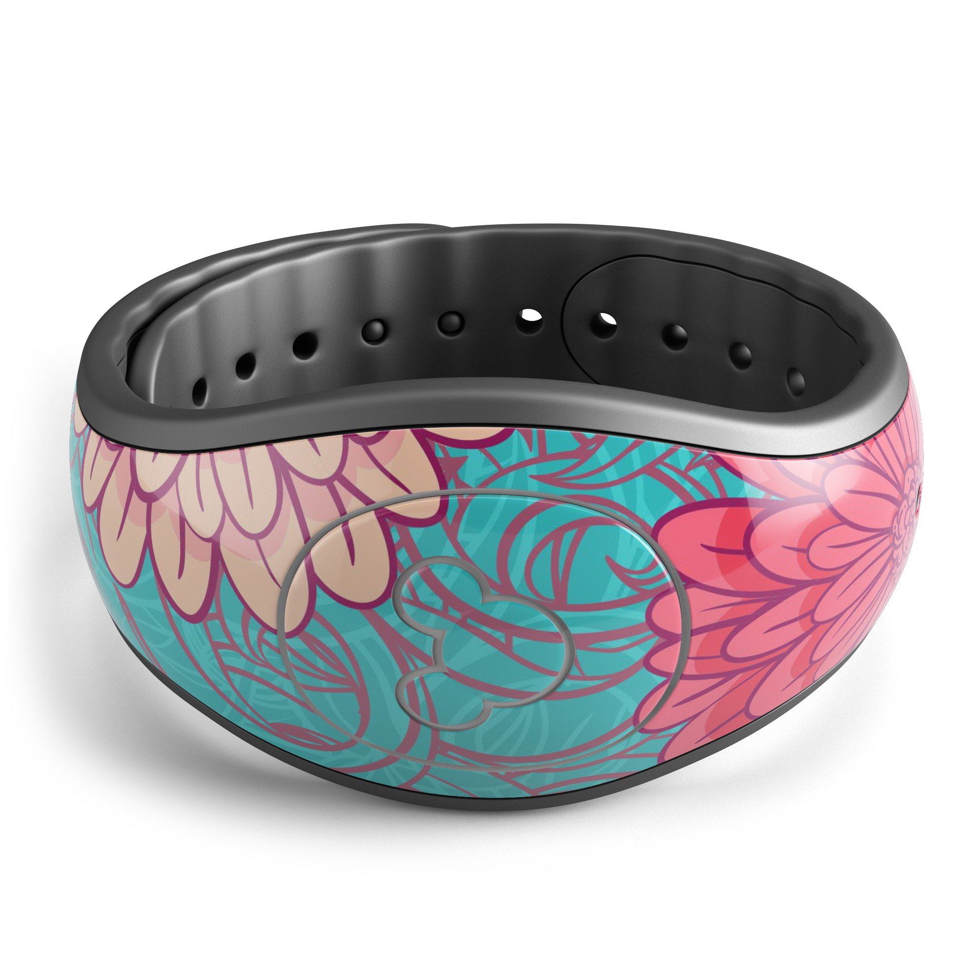 Pink and blue floral illustration decal skin wrap kit for Disney Magic Band, showcasing vibrant colors and intricate floral patterns.