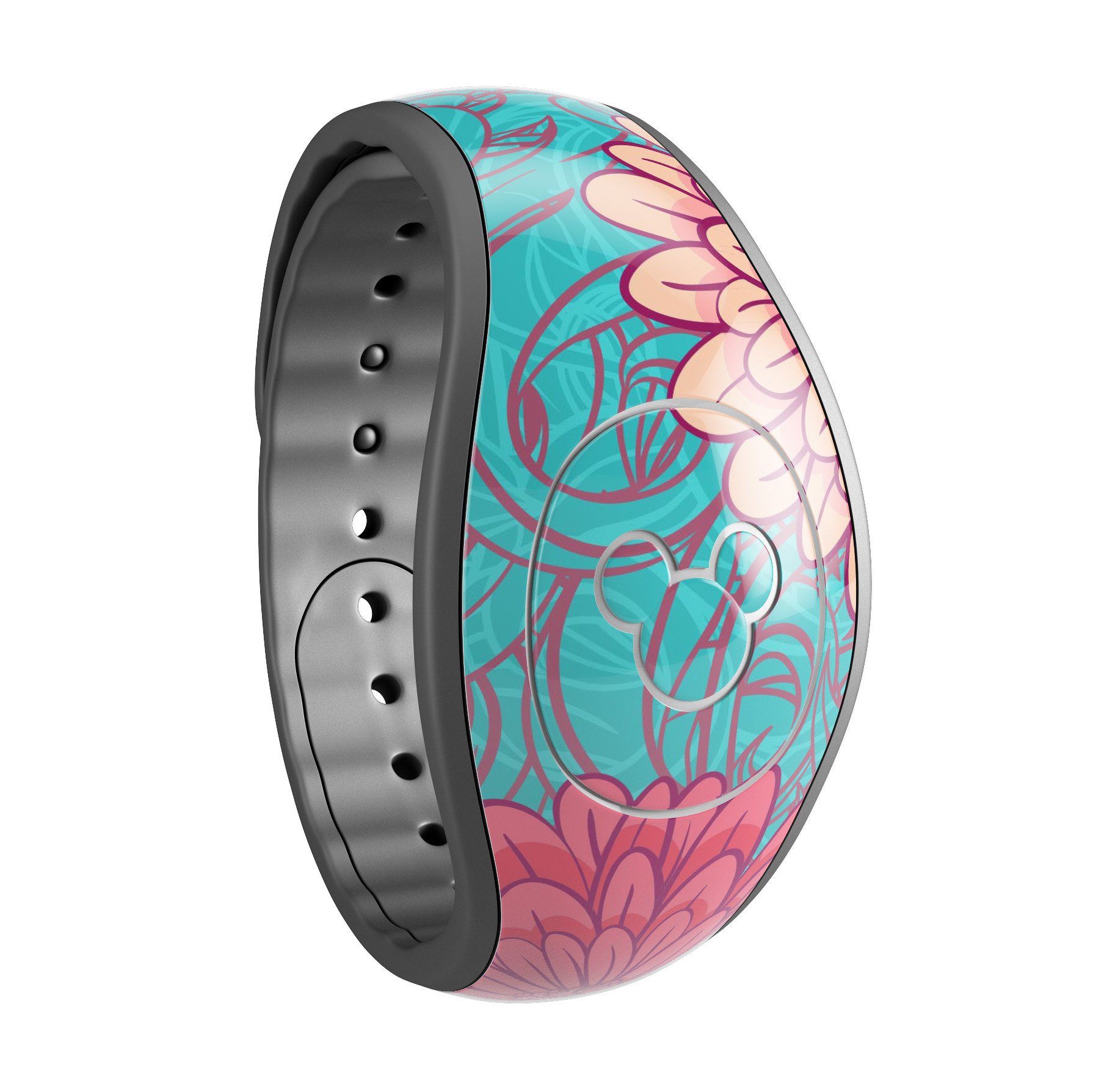 Pink and blue floral illustration decal skin wrap kit for Disney Magic Band, showcasing vibrant colors and intricate floral patterns.