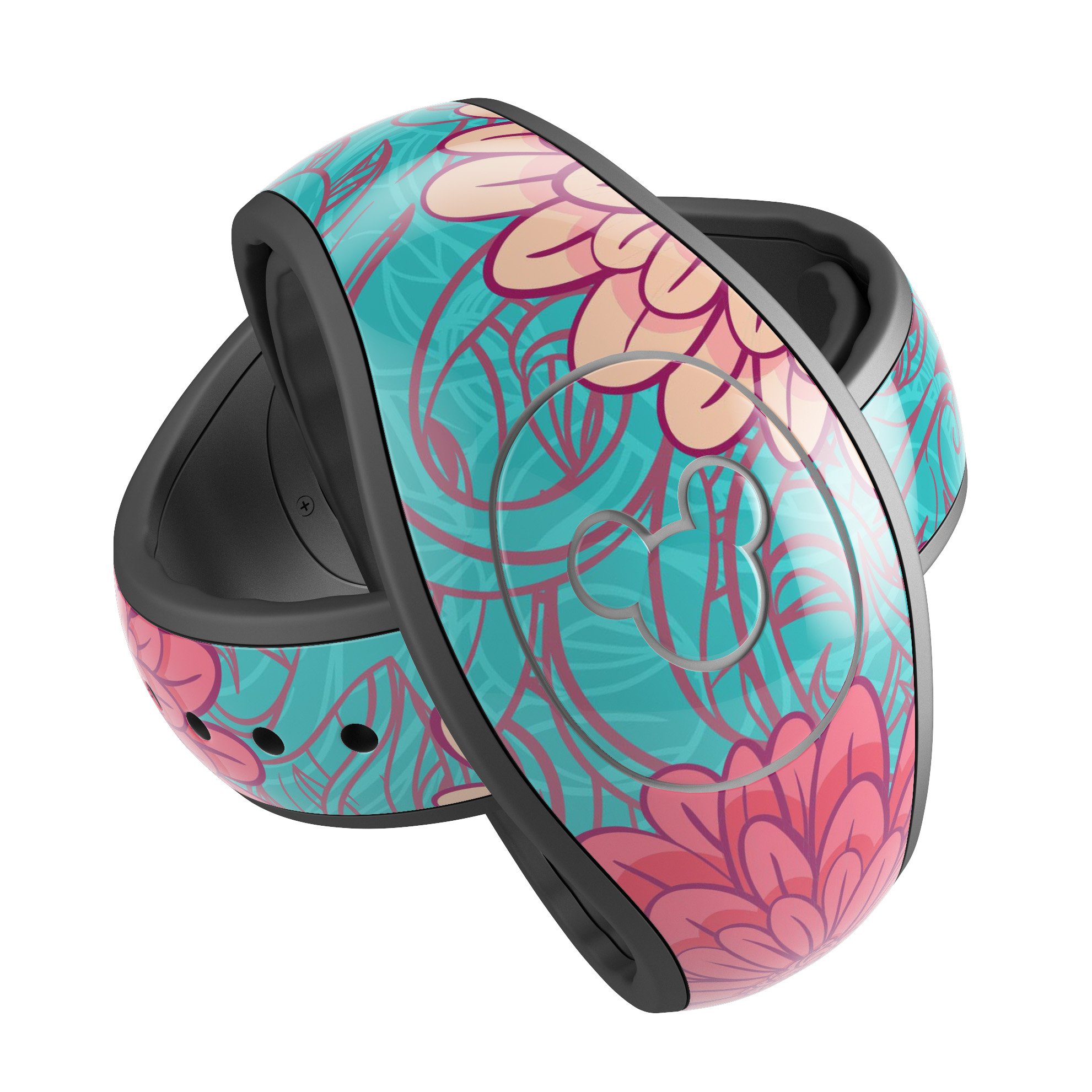 Pink and blue floral illustration decal skin wrap kit for Disney Magic Band, showcasing vibrant colors and intricate floral patterns.