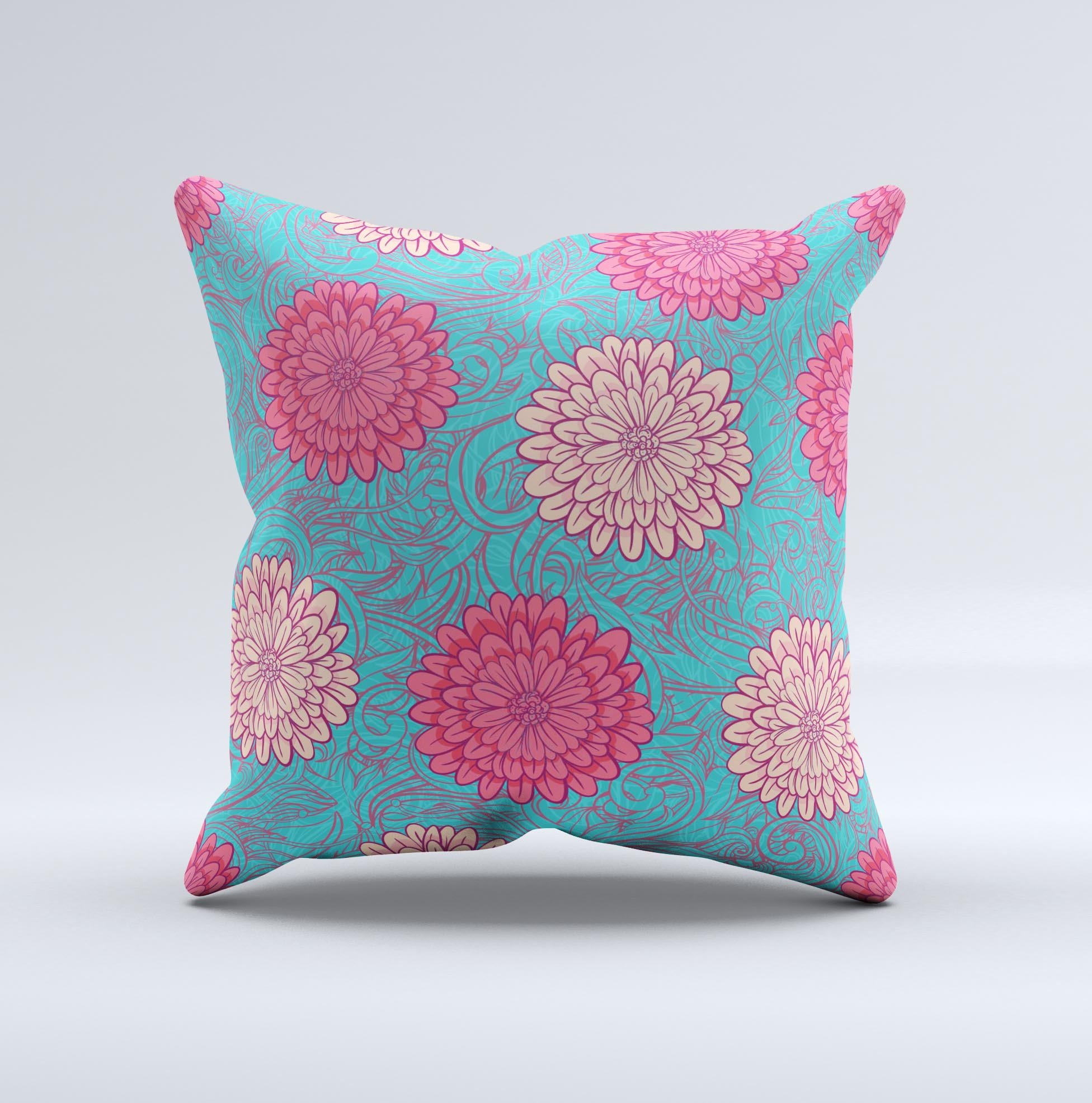 Pink and blue floral illustration decorative throw pillow, handcrafted with high thread count fabric and plush polyester filling.