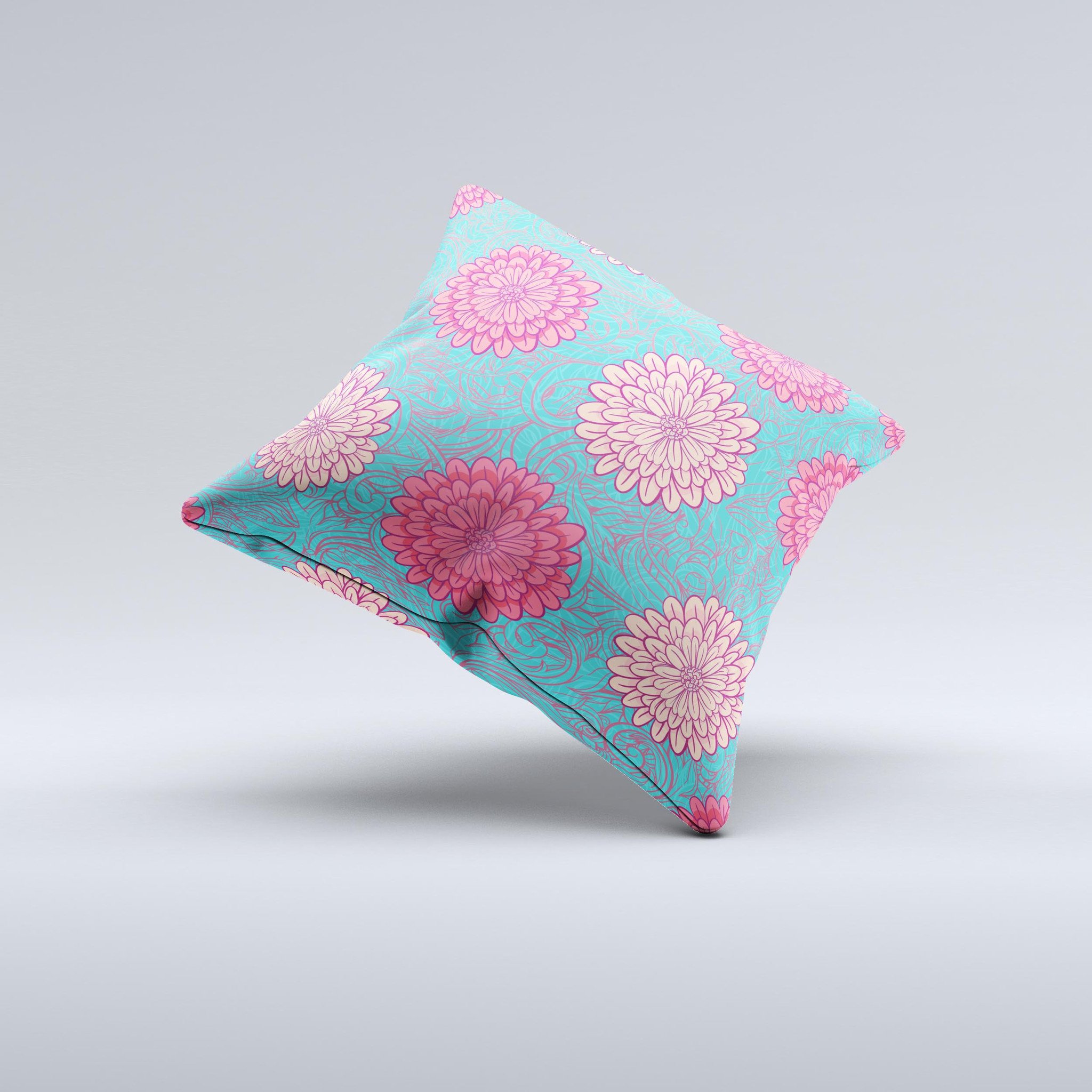 Pink and blue floral illustration decorative throw pillow, handcrafted with high thread count fabric and plush polyester filling.