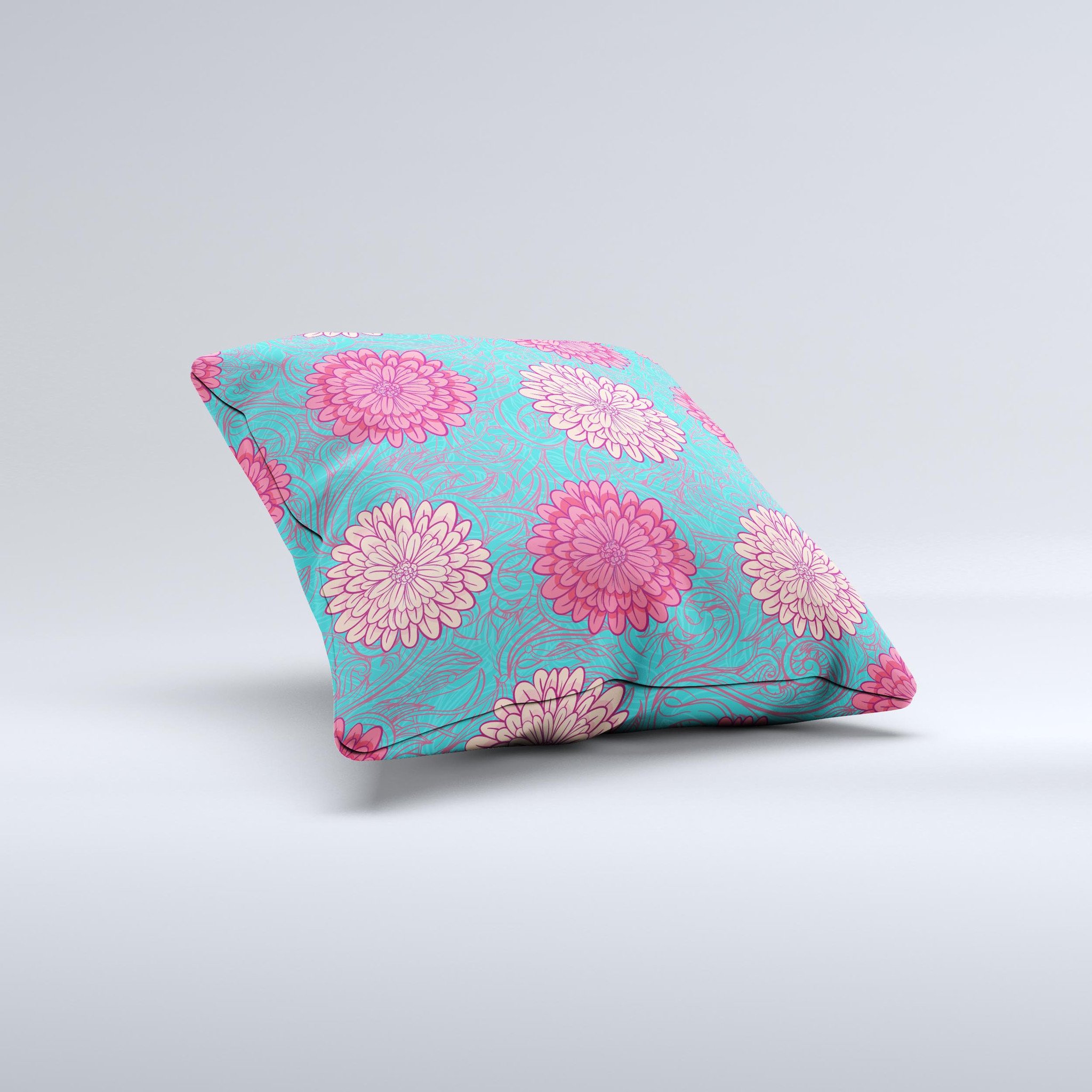 Pink and blue floral illustration decorative throw pillow, handcrafted with high thread count fabric and plush polyester filling.