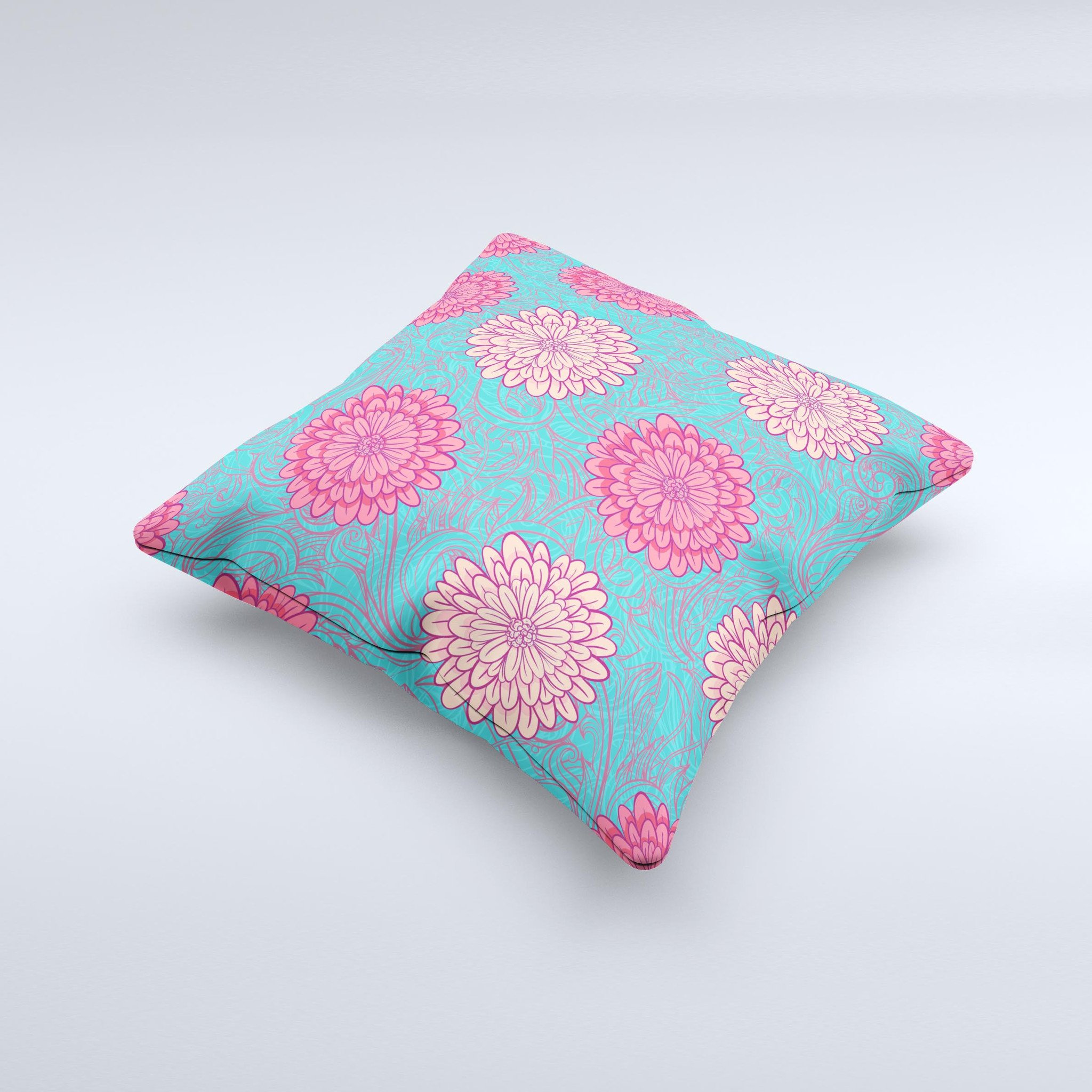 Pink and blue floral illustration decorative throw pillow, handcrafted with high thread count fabric and plush polyester filling.