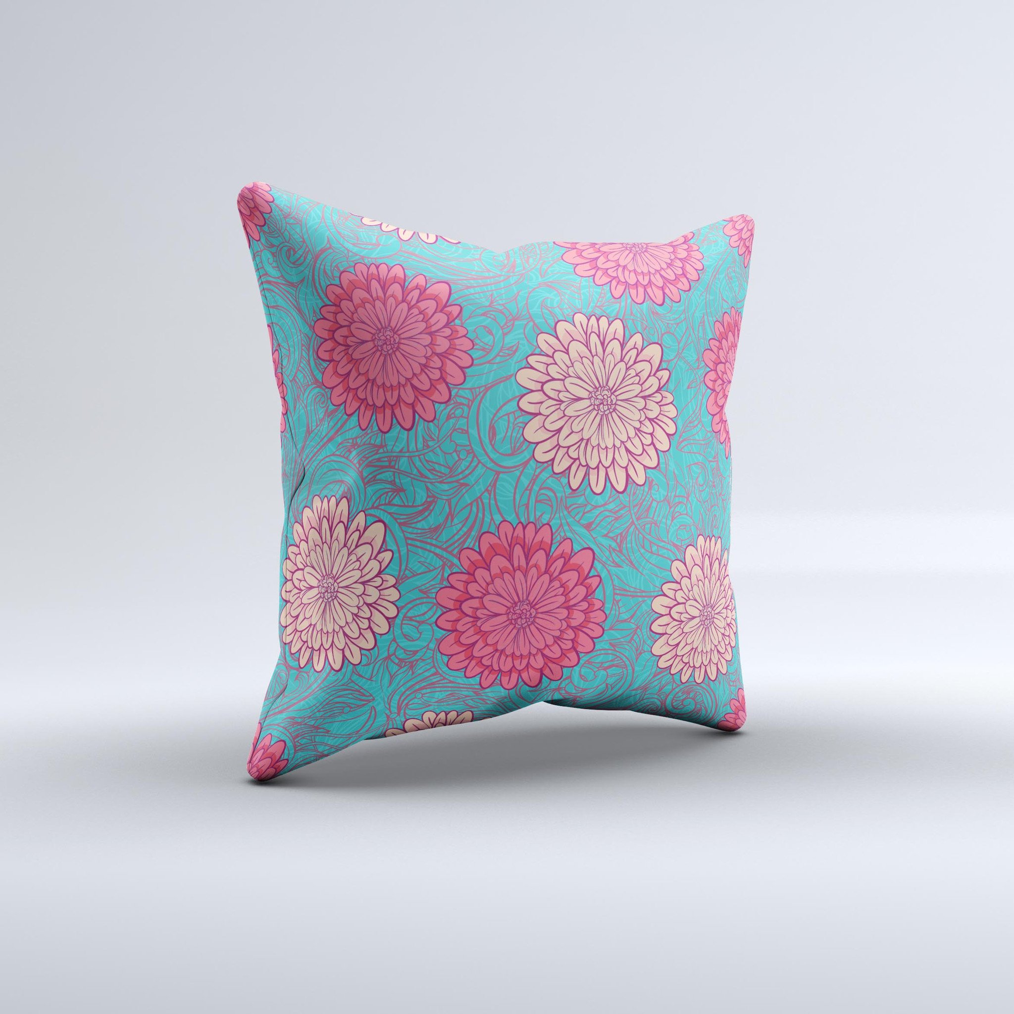 Pink and blue floral illustration decorative throw pillow, handcrafted with high thread count fabric and plush polyester filling.