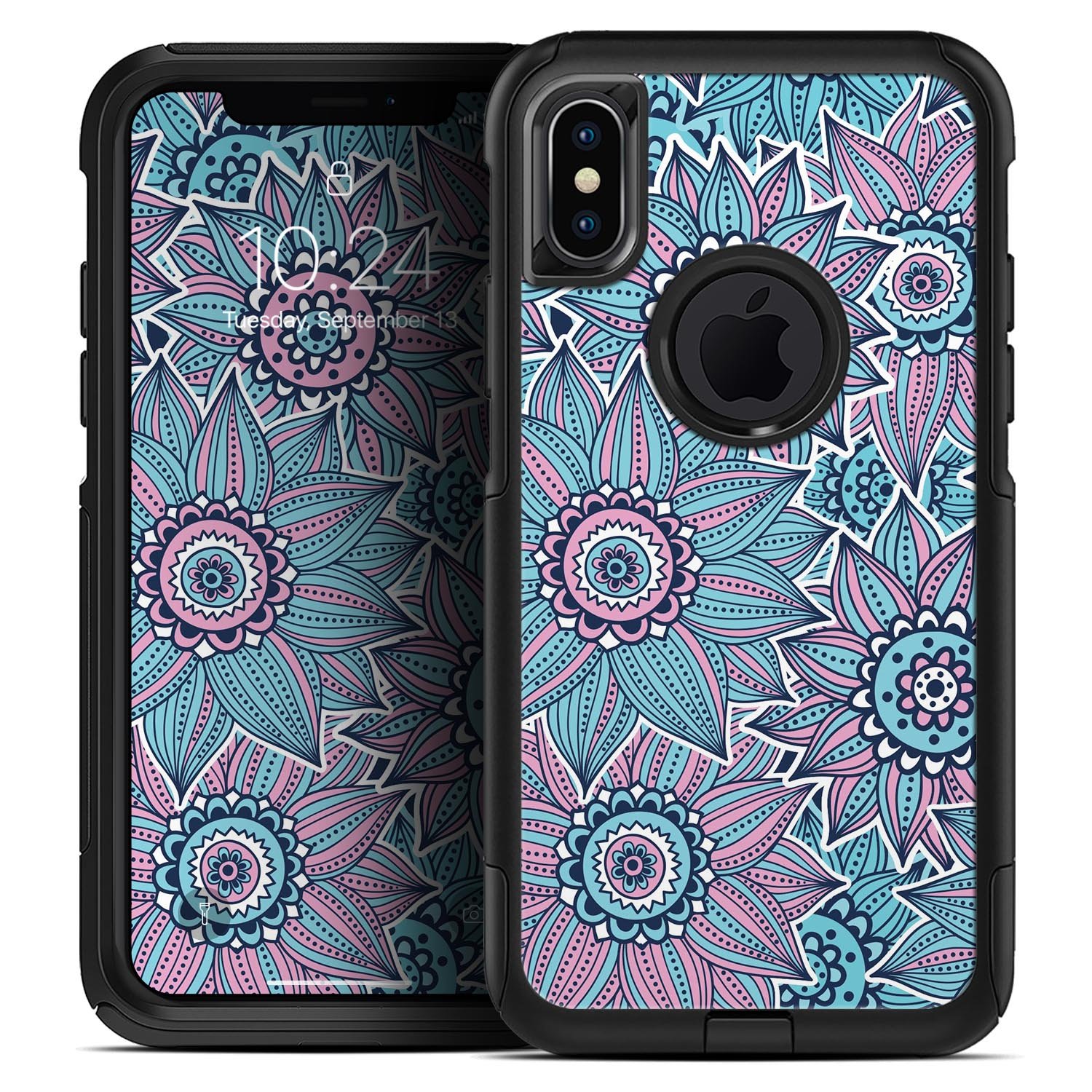 Pink and blue flowered pattern skin kit for iPhone OtterBox cases, showcasing vibrant floral design and premium quality.