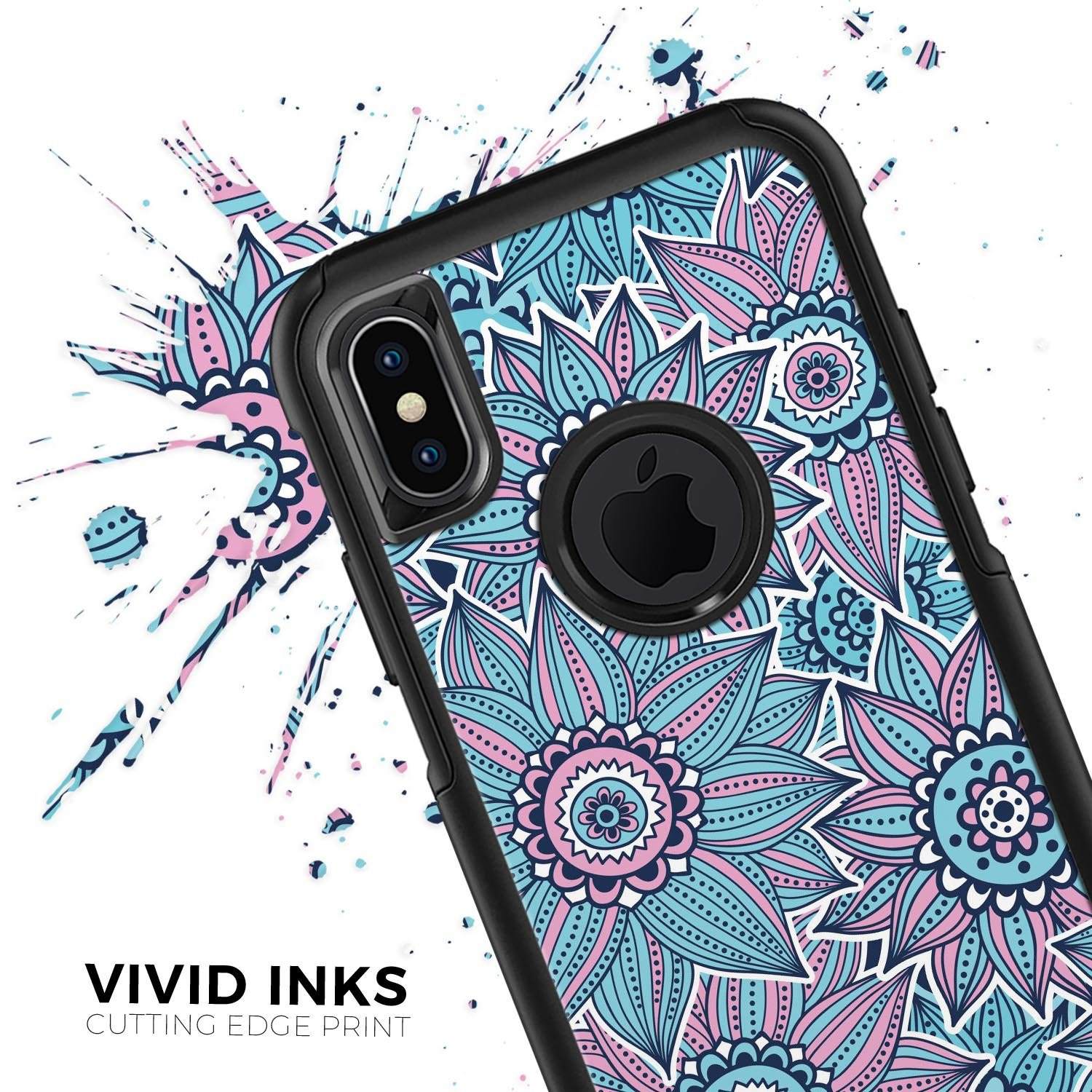 Pink and blue flowered pattern skin kit for iPhone OtterBox cases, showcasing vibrant floral design and premium quality.