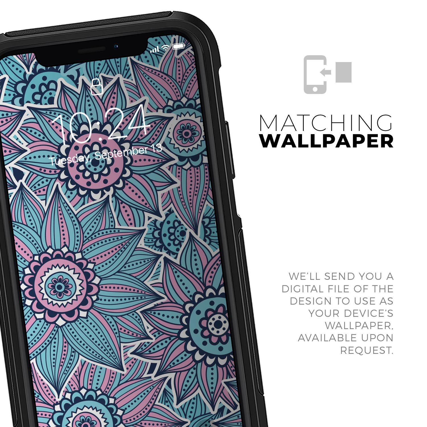 Pink and blue flowered pattern skin kit for iPhone OtterBox cases, showcasing vibrant floral design and premium quality.