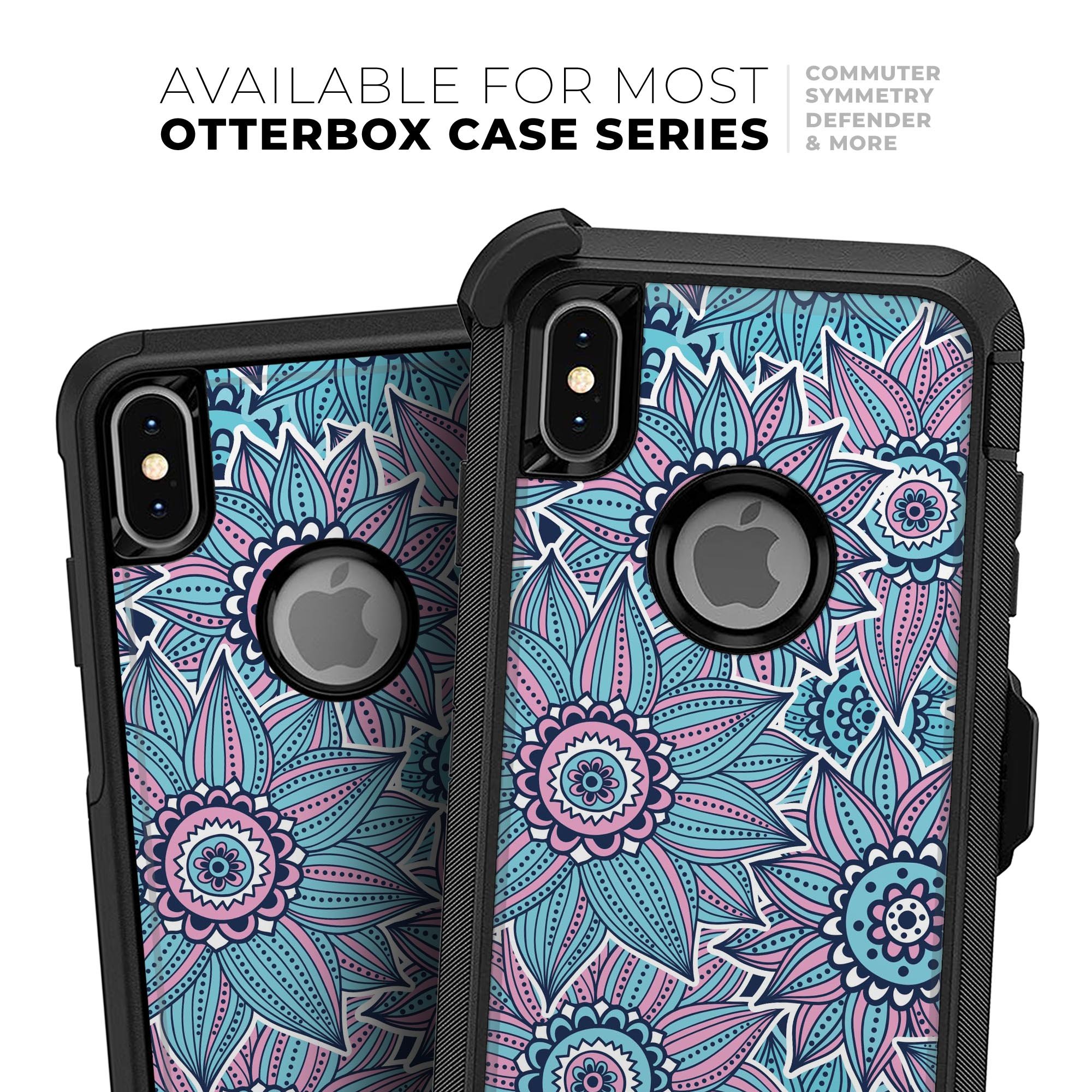 Pink and blue flowered pattern skin kit for iPhone OtterBox cases, showcasing vibrant floral design and premium quality.