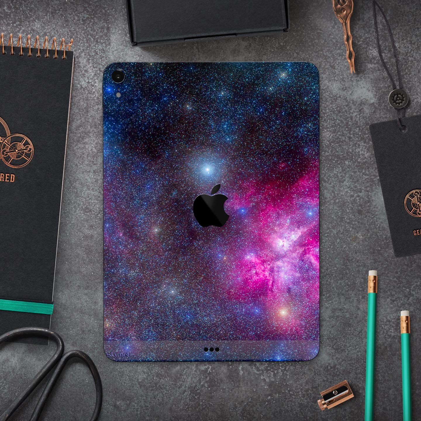 Pink and blue galaxy design full body skin decal for Apple iPad Pro, showcasing vibrant colors and premium 3M material.