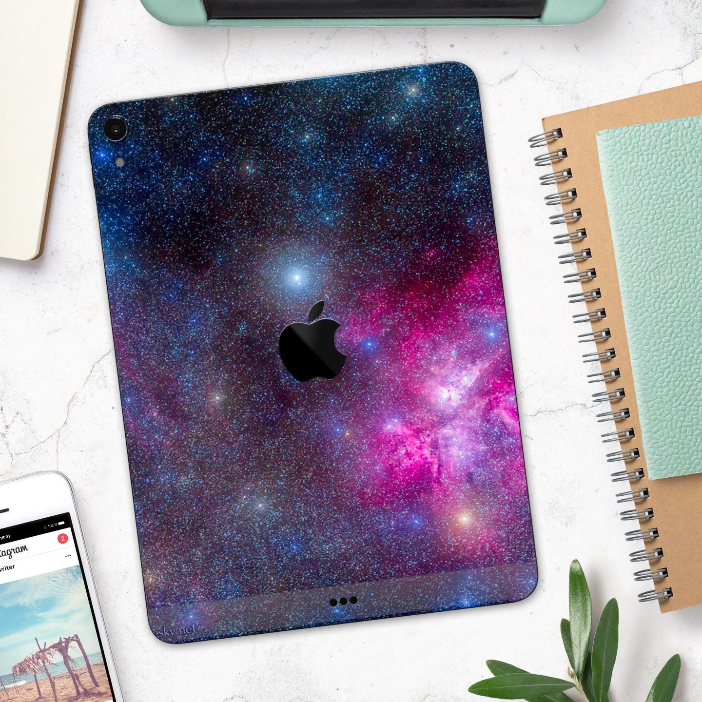 Pink and blue galaxy design full body skin decal for Apple iPad Pro, showcasing vibrant colors and premium 3M material.