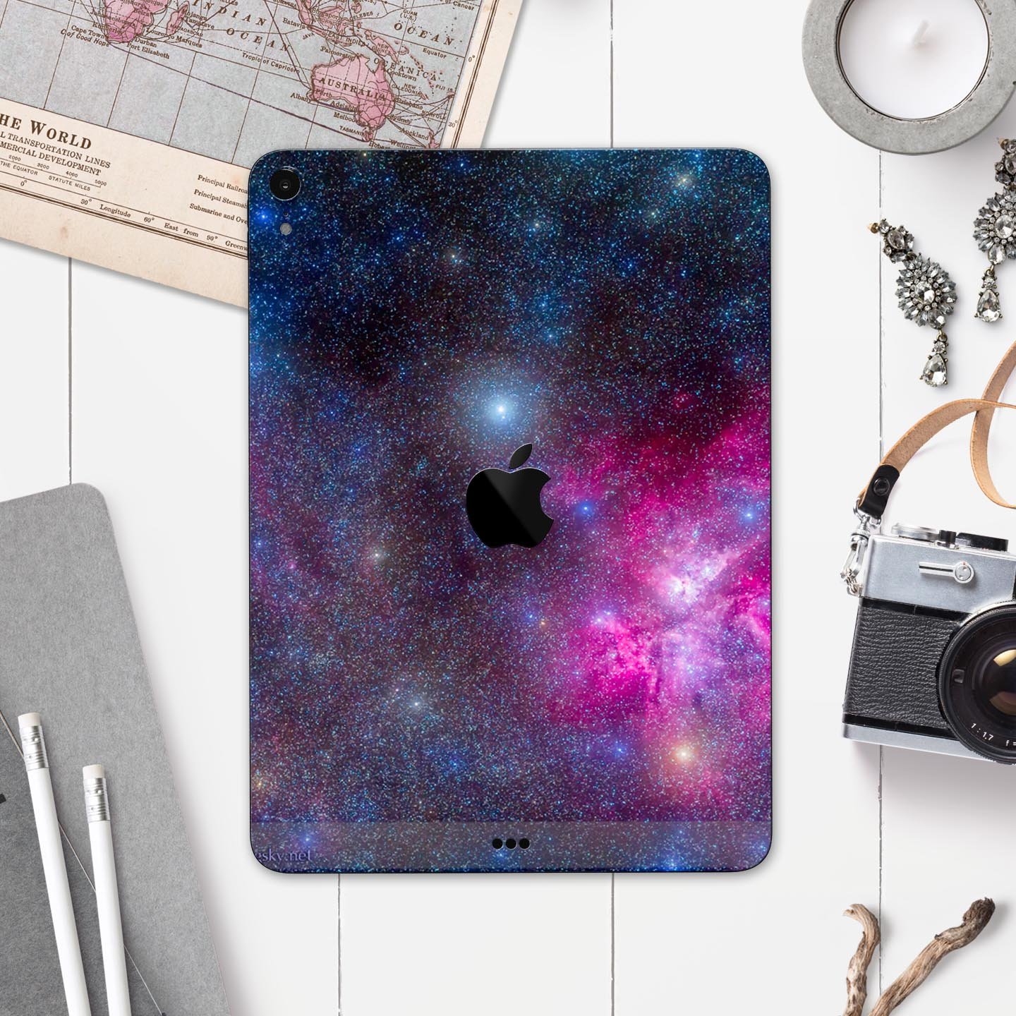 Pink and blue galaxy design full body skin decal for Apple iPad Pro, showcasing vibrant colors and premium 3M material.