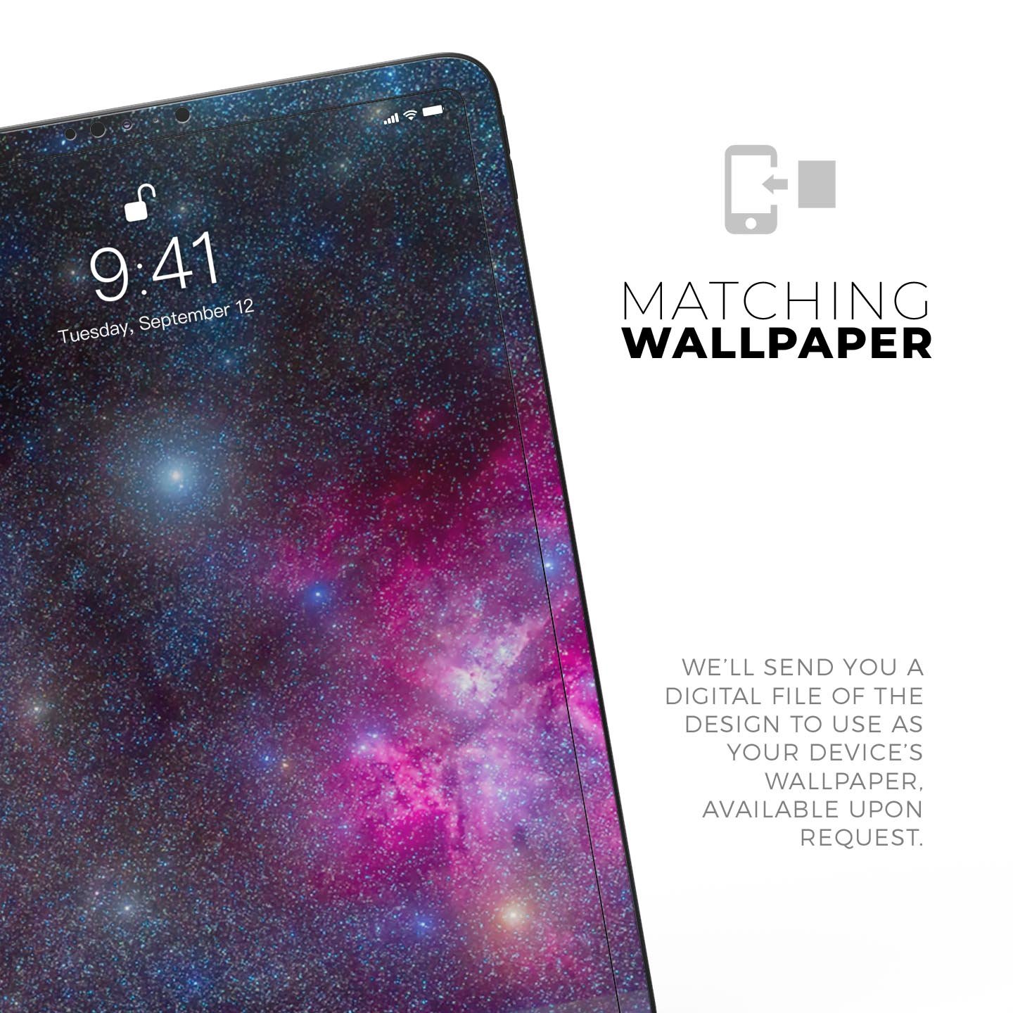 Pink and blue galaxy design full body skin decal for Apple iPad Pro, showcasing vibrant colors and premium 3M material.