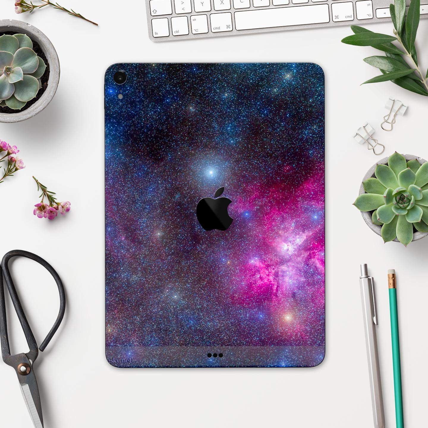 Pink and blue galaxy design full body skin decal for Apple iPad Pro, showcasing vibrant colors and premium 3M material.