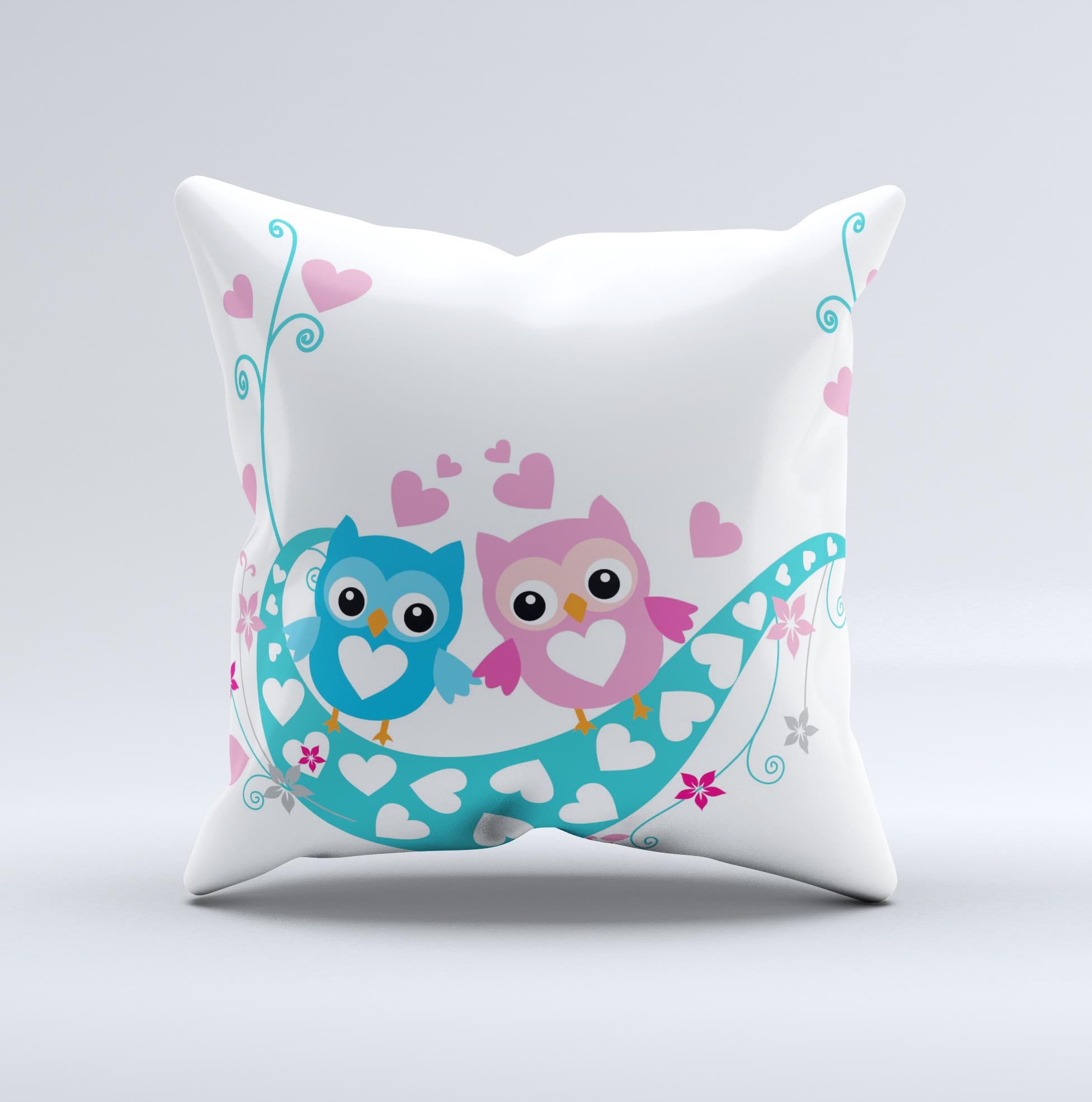 Pink and blue decorative throw pillow featuring love birds design, handcrafted in Virginia with high-quality fabric.