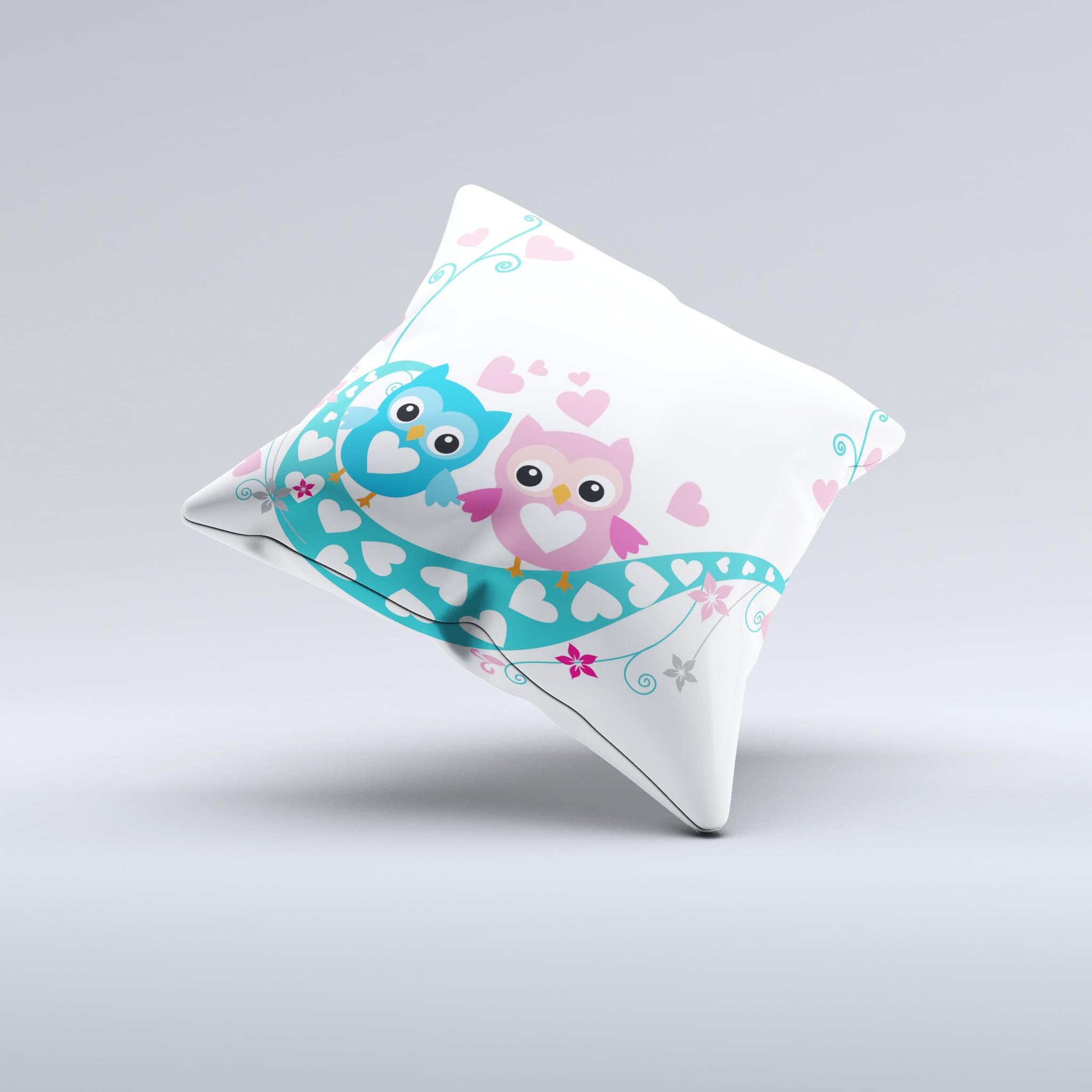 Pink and blue decorative throw pillow featuring love birds design, handcrafted in Virginia with high-quality fabric.