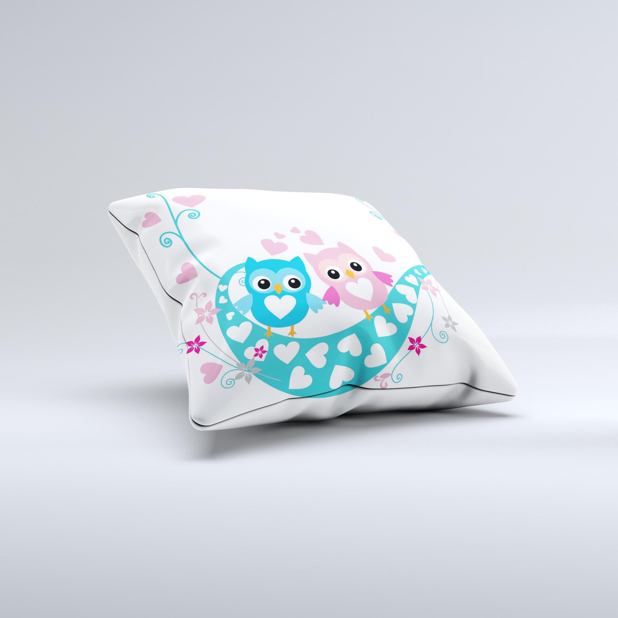 Pink and blue decorative throw pillow featuring love birds design, handcrafted in Virginia with high-quality fabric.