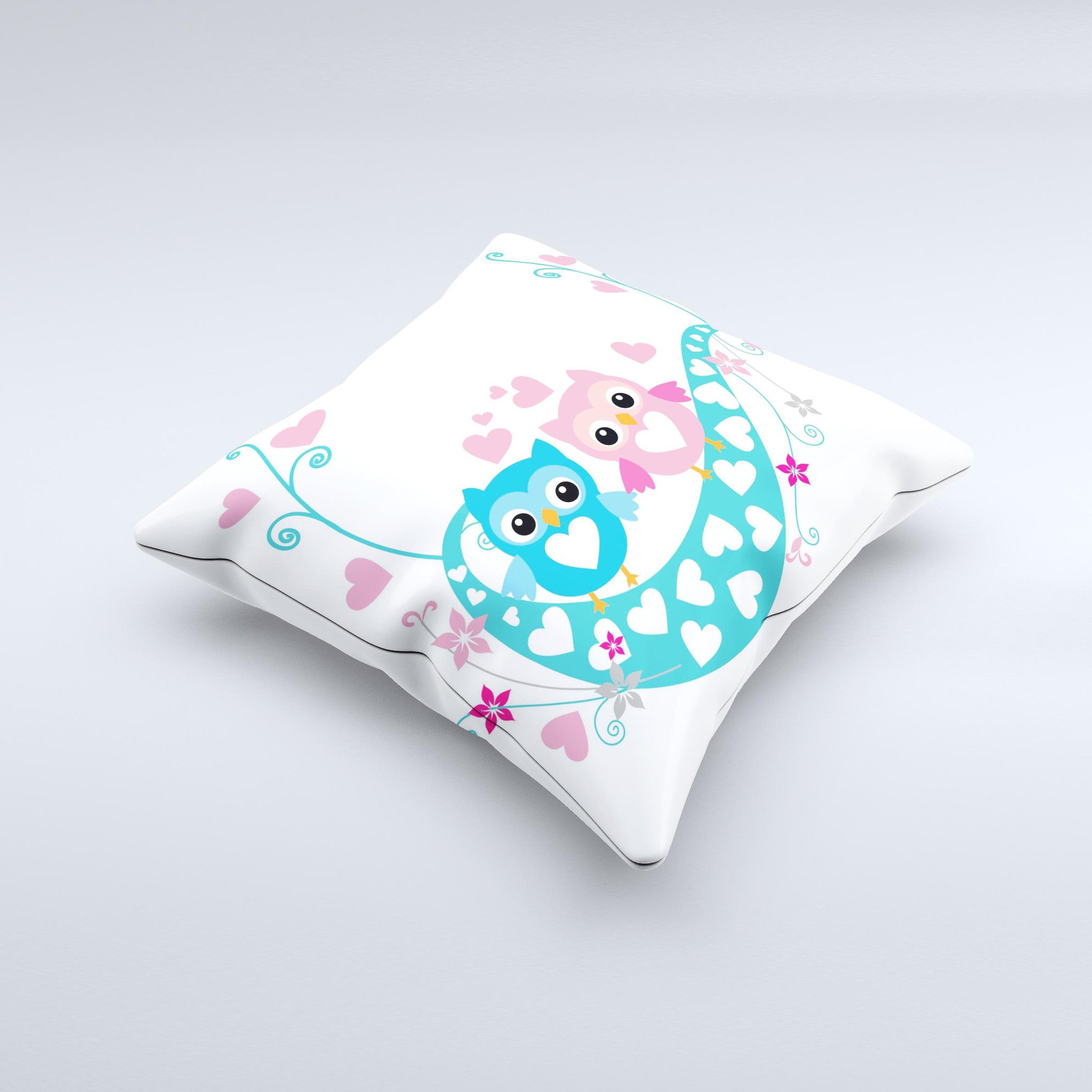 Pink and blue decorative throw pillow featuring love birds design, handcrafted in Virginia with high-quality fabric.