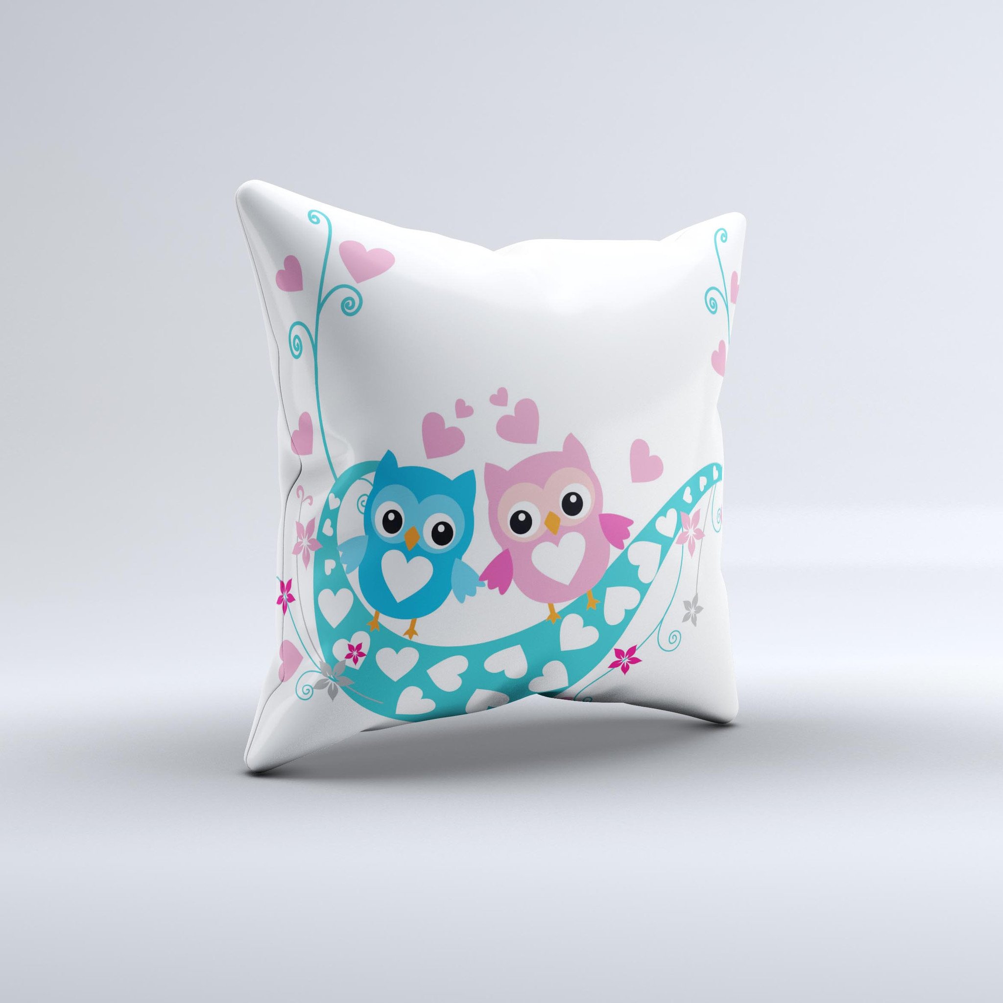 Pink and blue decorative throw pillow featuring love birds design, handcrafted in Virginia with high-quality fabric.