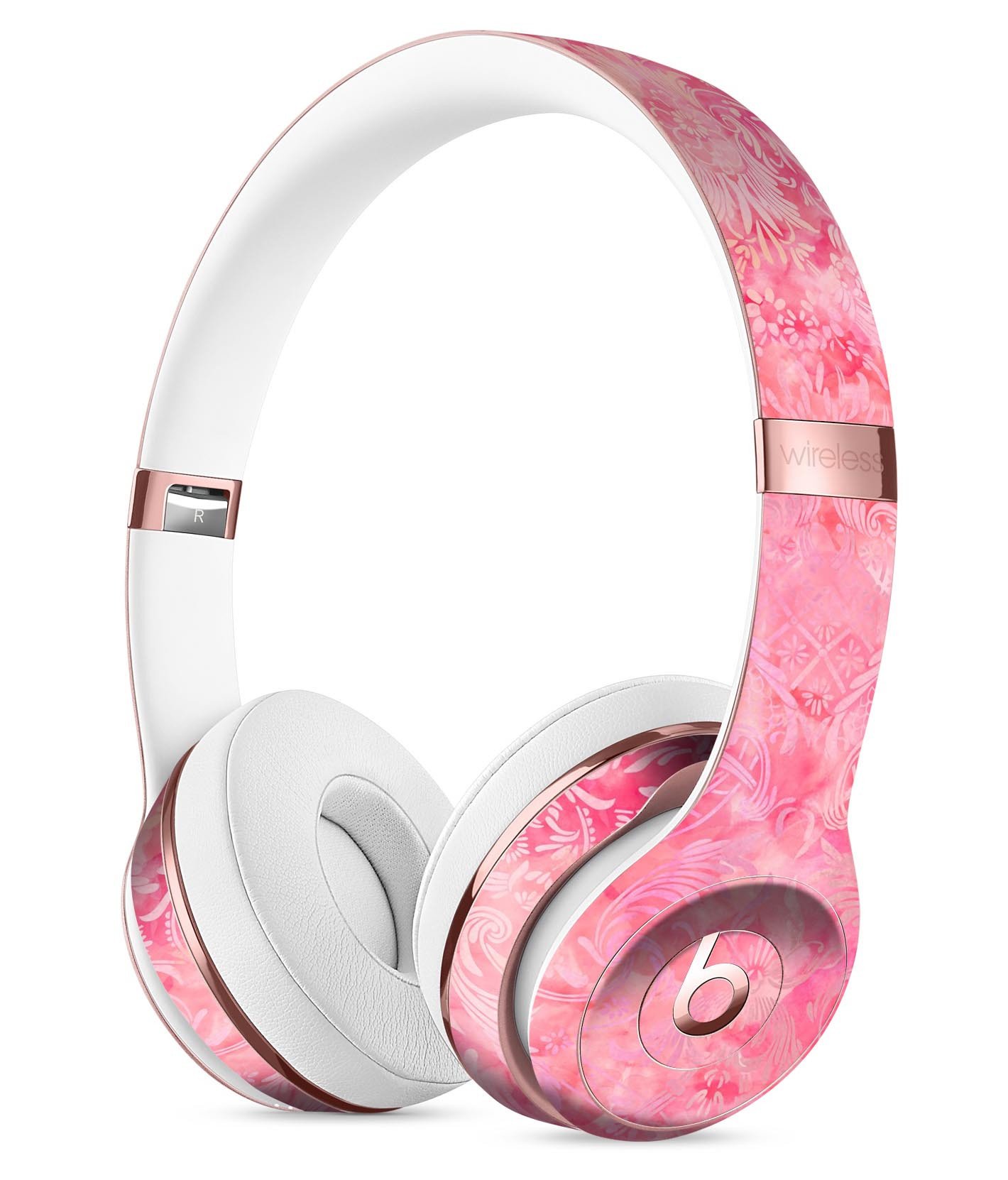 Pink Damask v2 Watercolor Pattern Skin Kit for Beats by Dre Solo 3 Wireless Headphones, showcasing vibrant colors and intricate design.