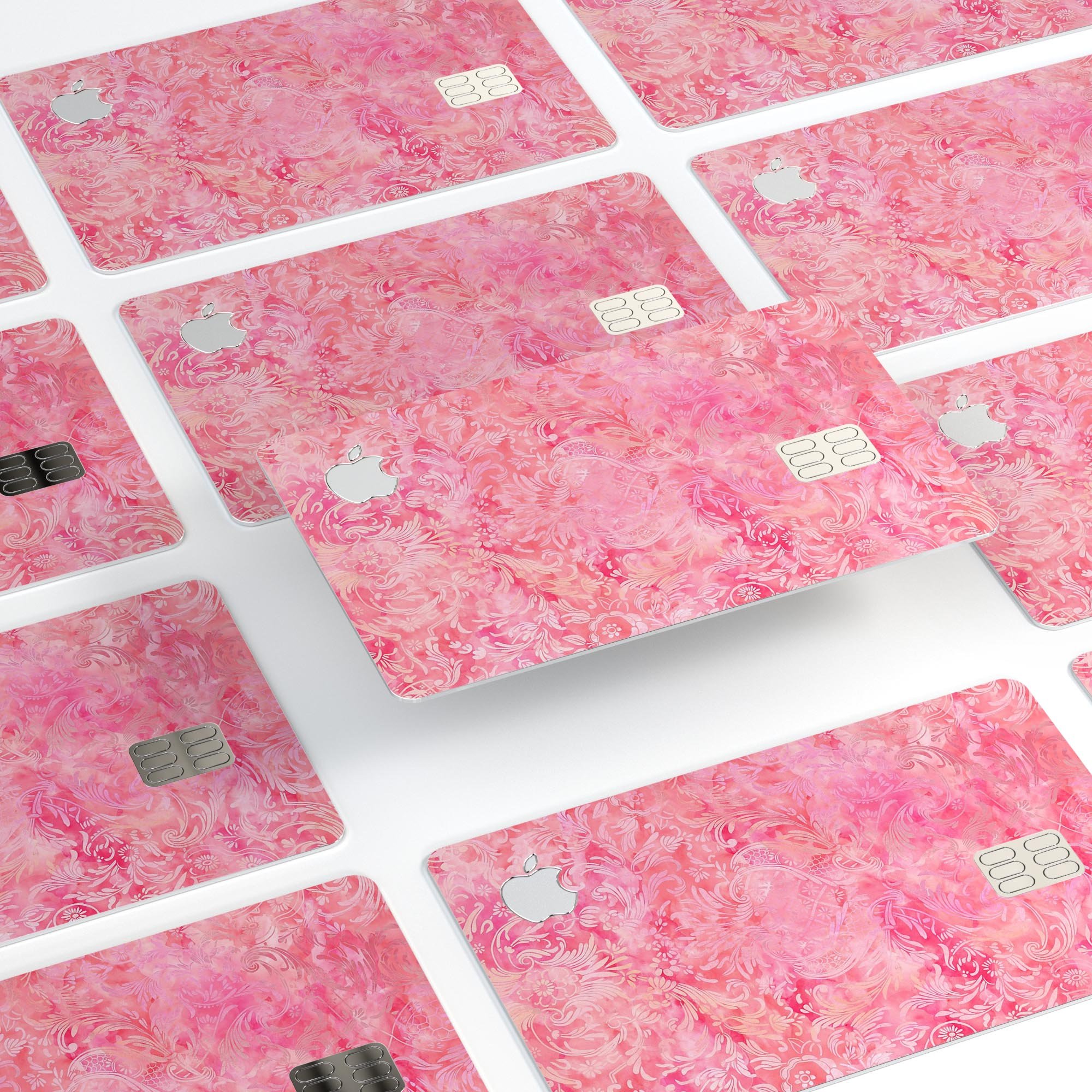 Pink Damask v2 Watercolor Pattern skin for Apple Card, showcasing vibrant colors and intricate design.