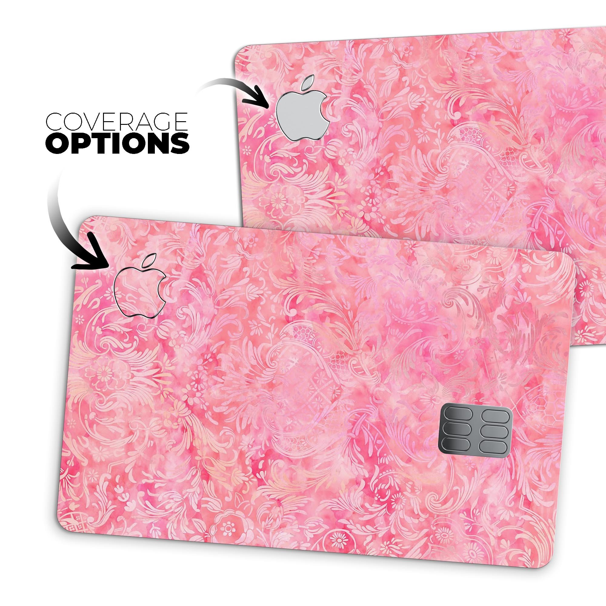 Pink Damask v2 Watercolor Pattern skin for Apple Card, showcasing vibrant colors and intricate design.