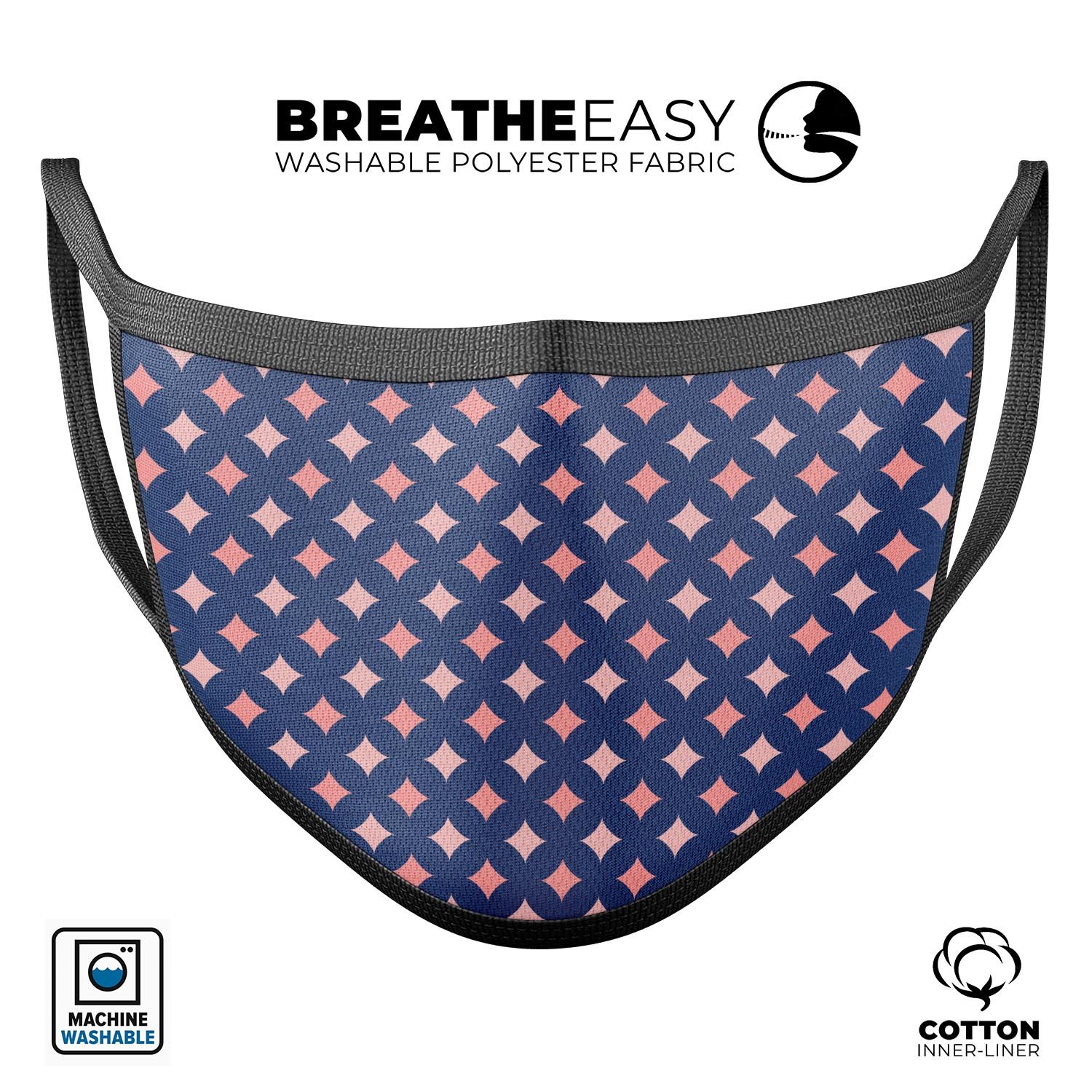 A stylish navy face mask featuring a pink diamond pattern, made in the USA, showcasing adjustable ear loops and soft cotton interior.