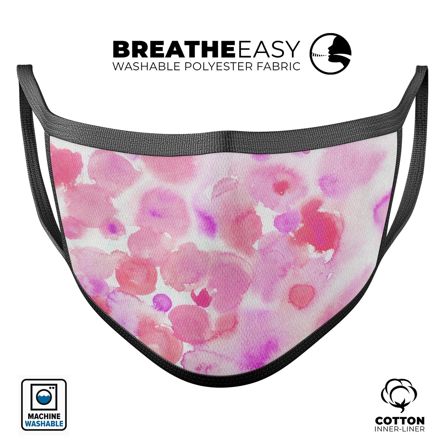 Pink Dotted Absorbed Watercolor Texture face mask, showcasing a vibrant watercolor design with adjustable ear loops.