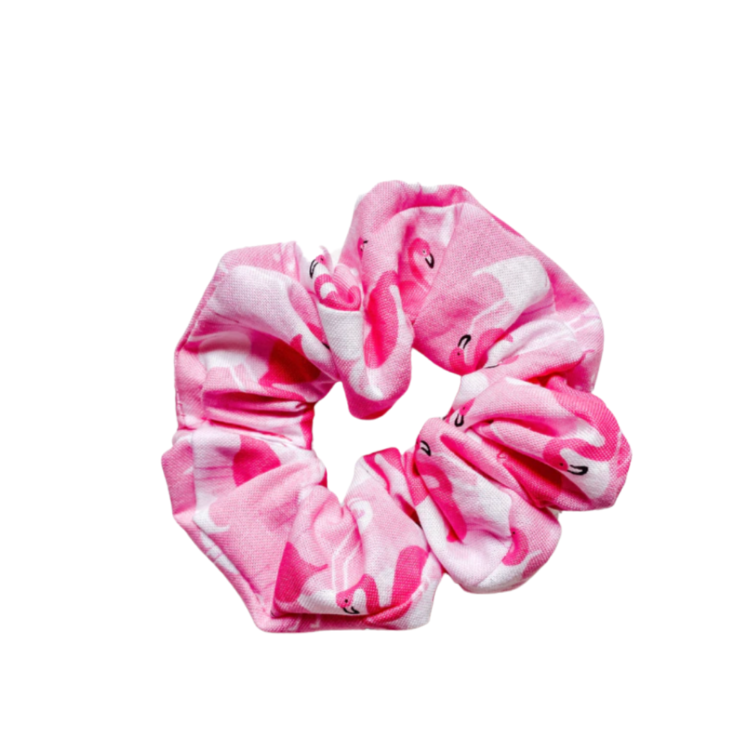 A vibrant pink and white flamingo hair scrunchie, perfect for all ages, showcasing a playful design.