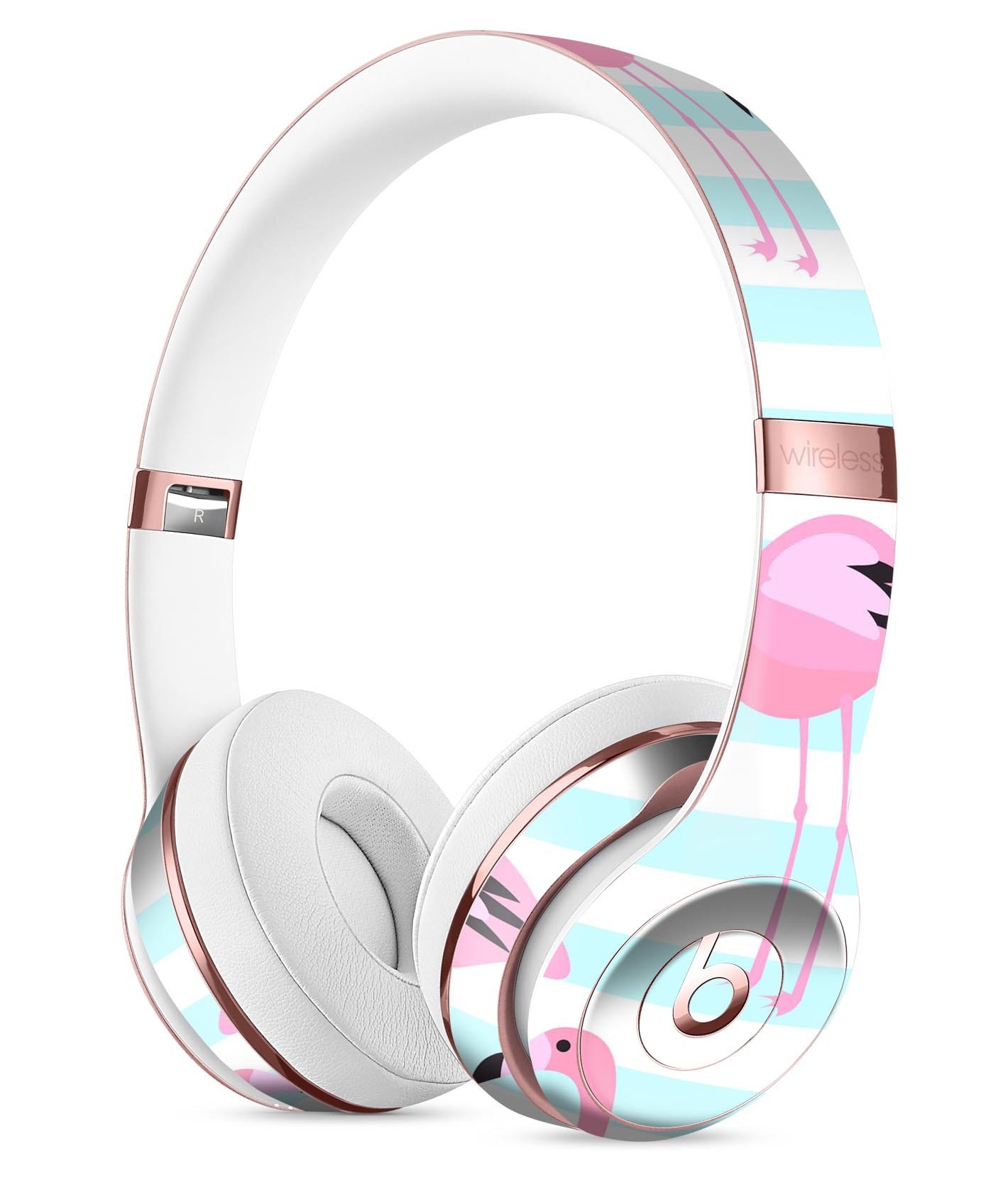 Pink Flamingos design skin for Beats by Dre Solo 3 Wireless Headphones, featuring vibrant colors and a stylish blue striped background.