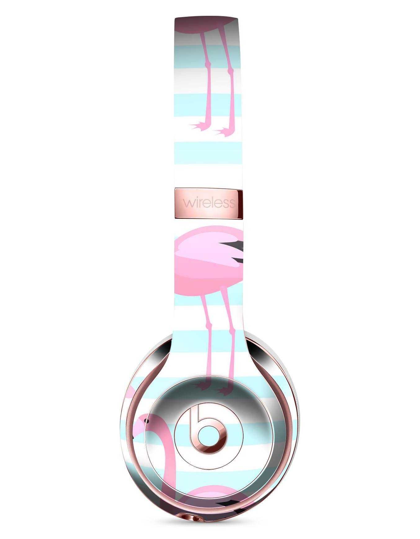 Pink Flamingos design skin for Beats by Dre Solo 3 Wireless Headphones, featuring vibrant colors and a stylish blue striped background.