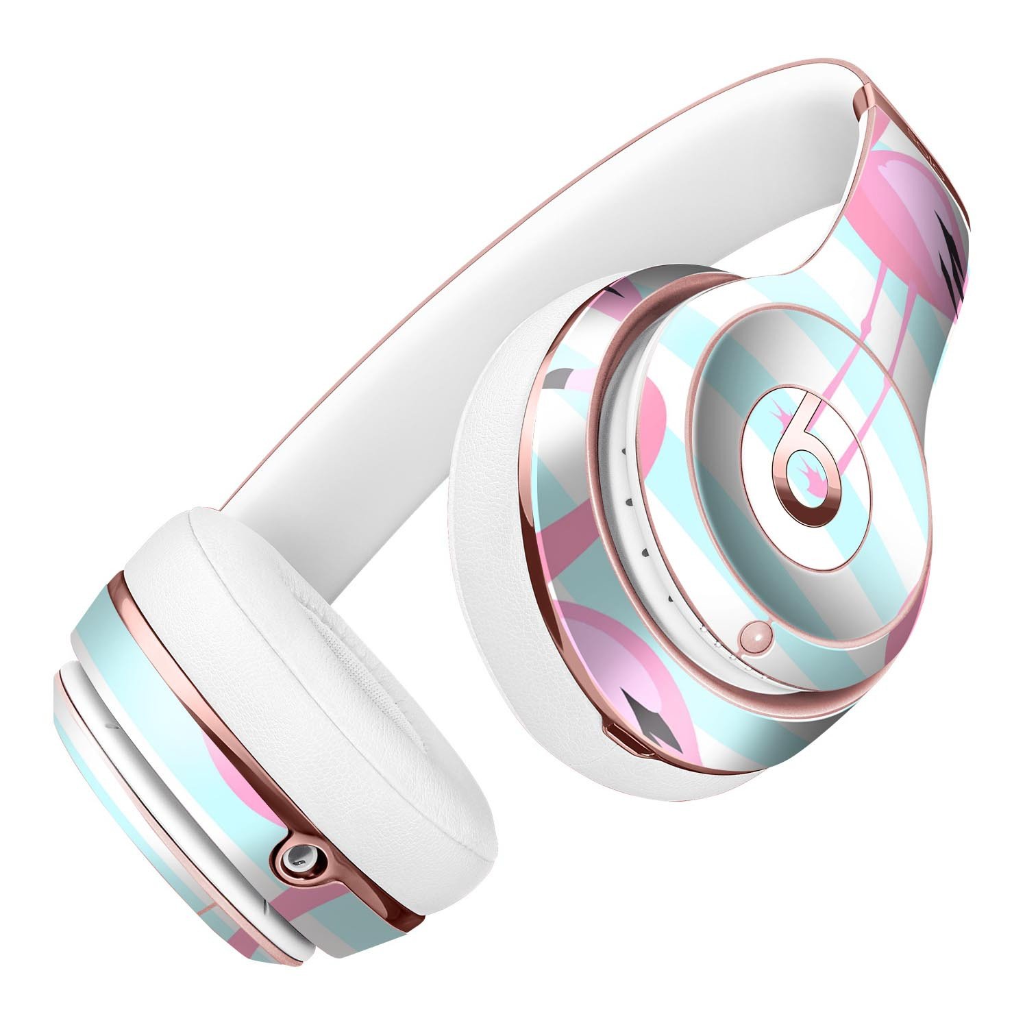 Pink Flamingos design skin for Beats by Dre Solo 3 Wireless Headphones, featuring vibrant colors and a stylish blue striped background.