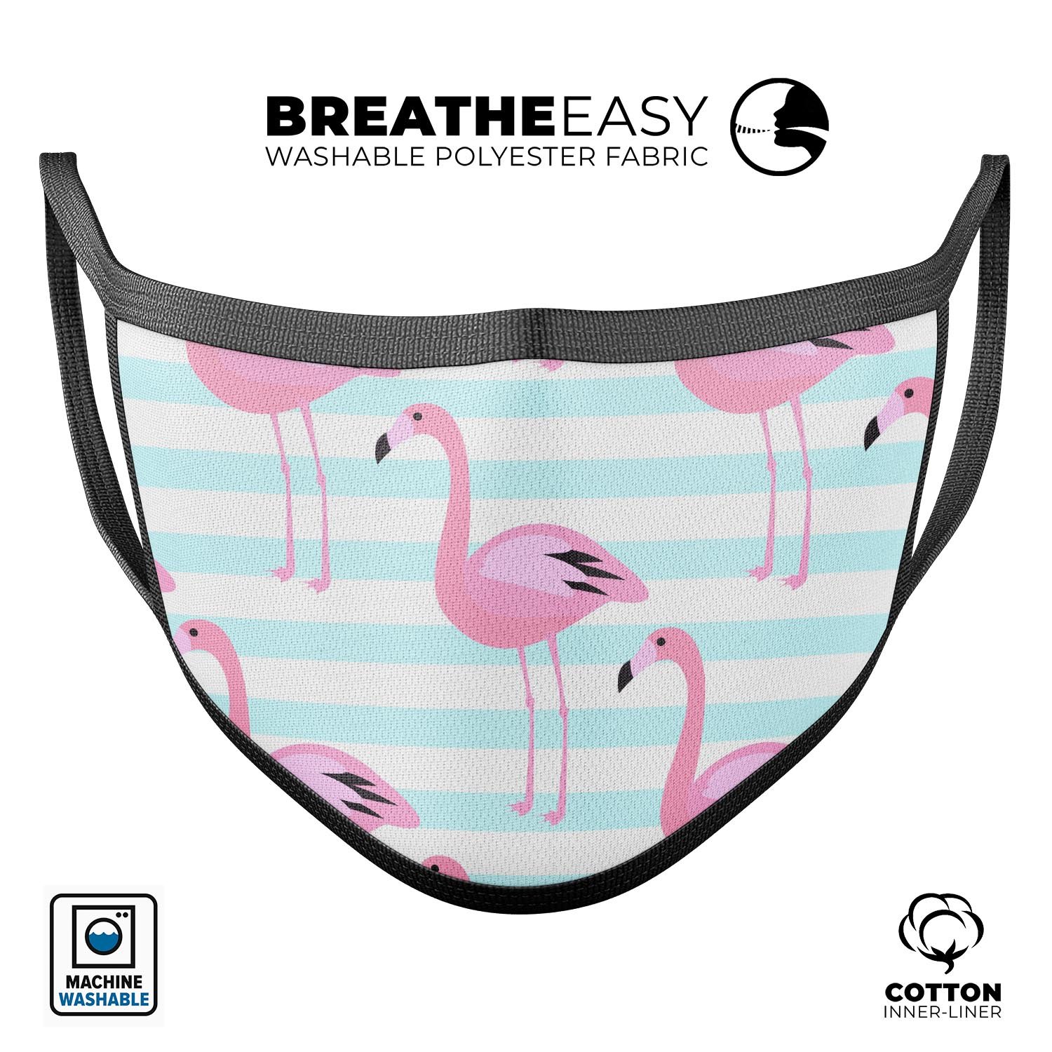 A vibrant pink flamingo design over blue stripes on a reusable 3D face mask, showcasing its unique style and comfortable fit.